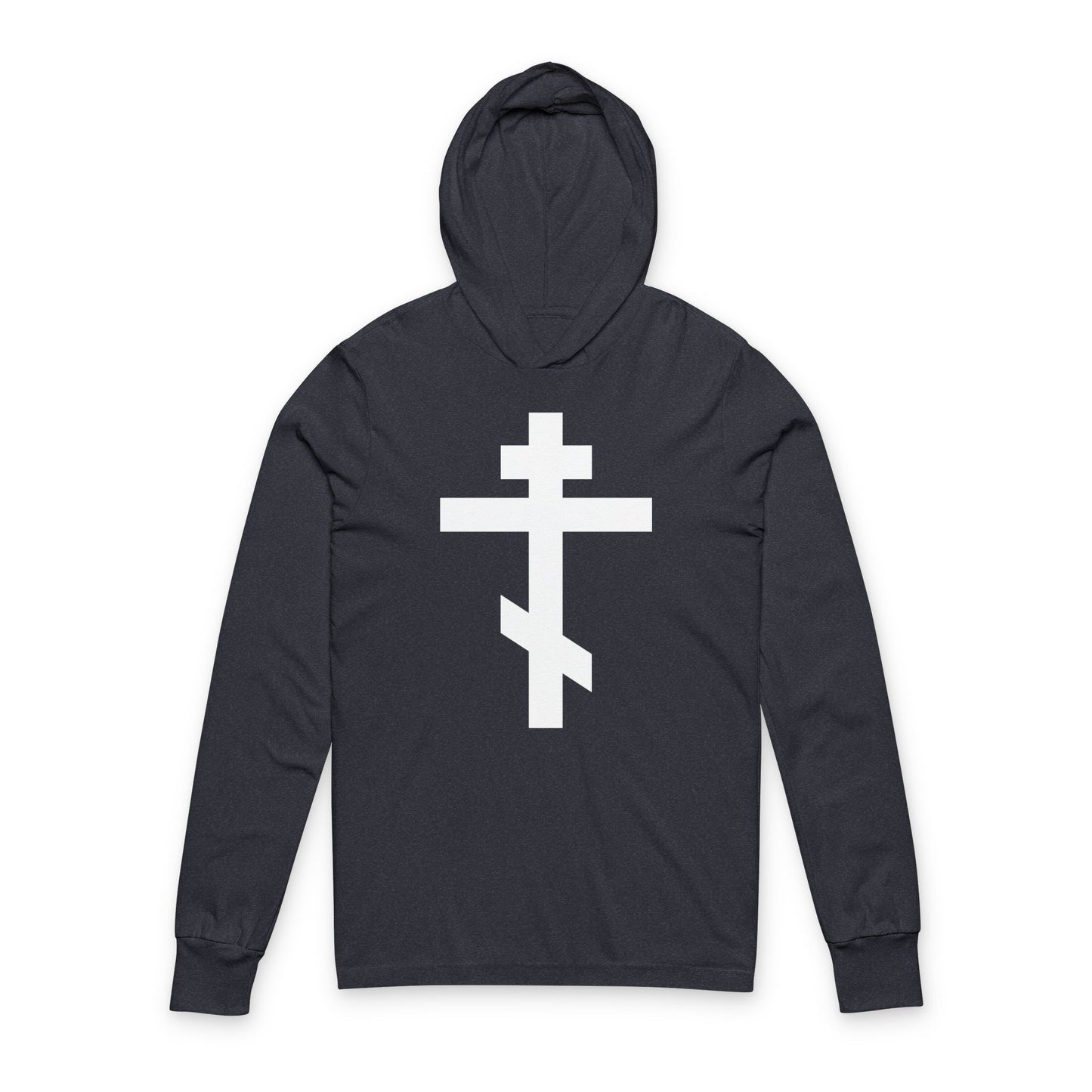 Heather navy hooded shirt featuring a large white Orthodox cross design and the message: "May I never boast, except in the cross of our Lord Jesus Christ" (Gal 6:14).