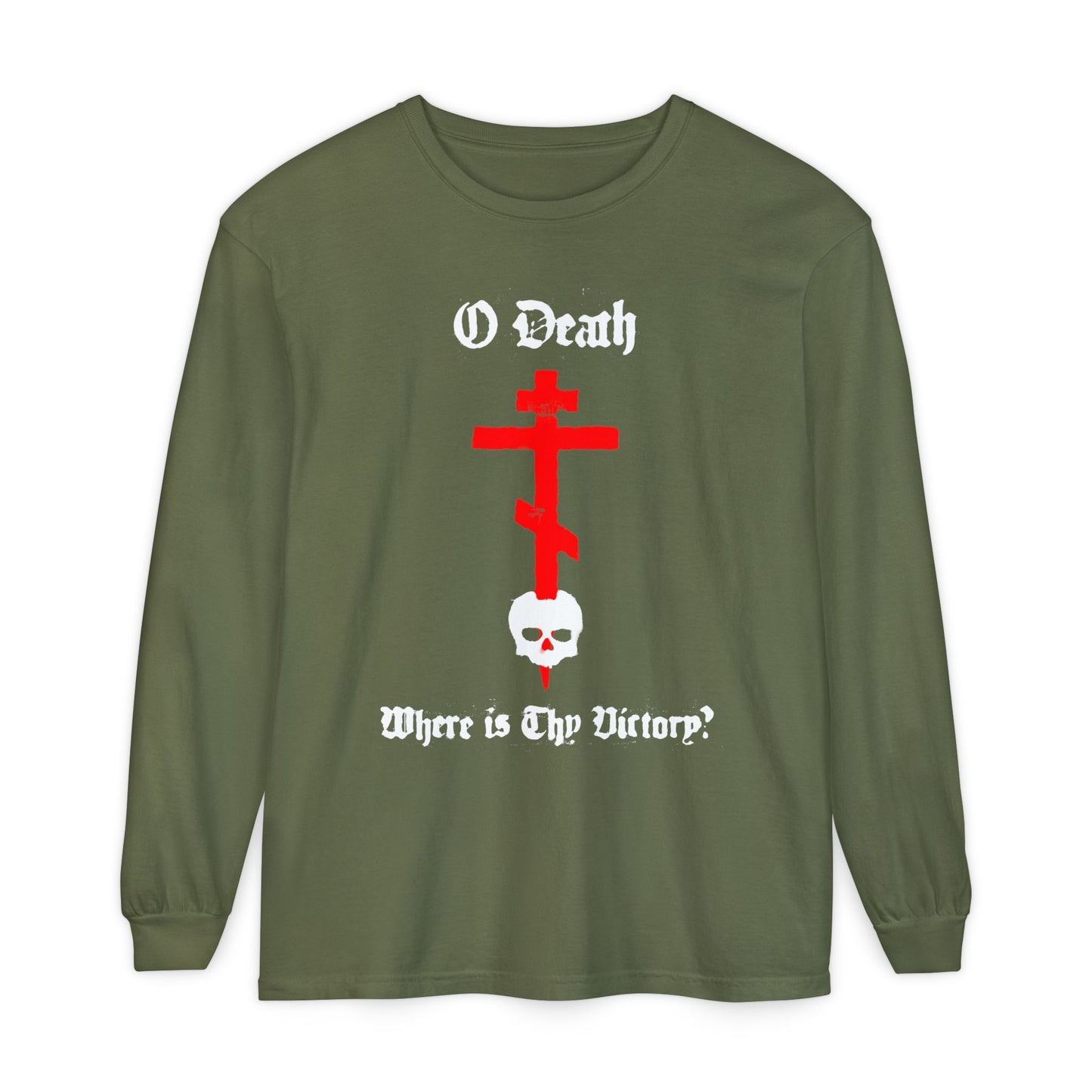 O Death Where is Thy Victory? 1 Cor 15:55 | Cross Stabbing Skull | Spraypaint Aesthetic | Orthodox Christian Long Sleeve Shirt