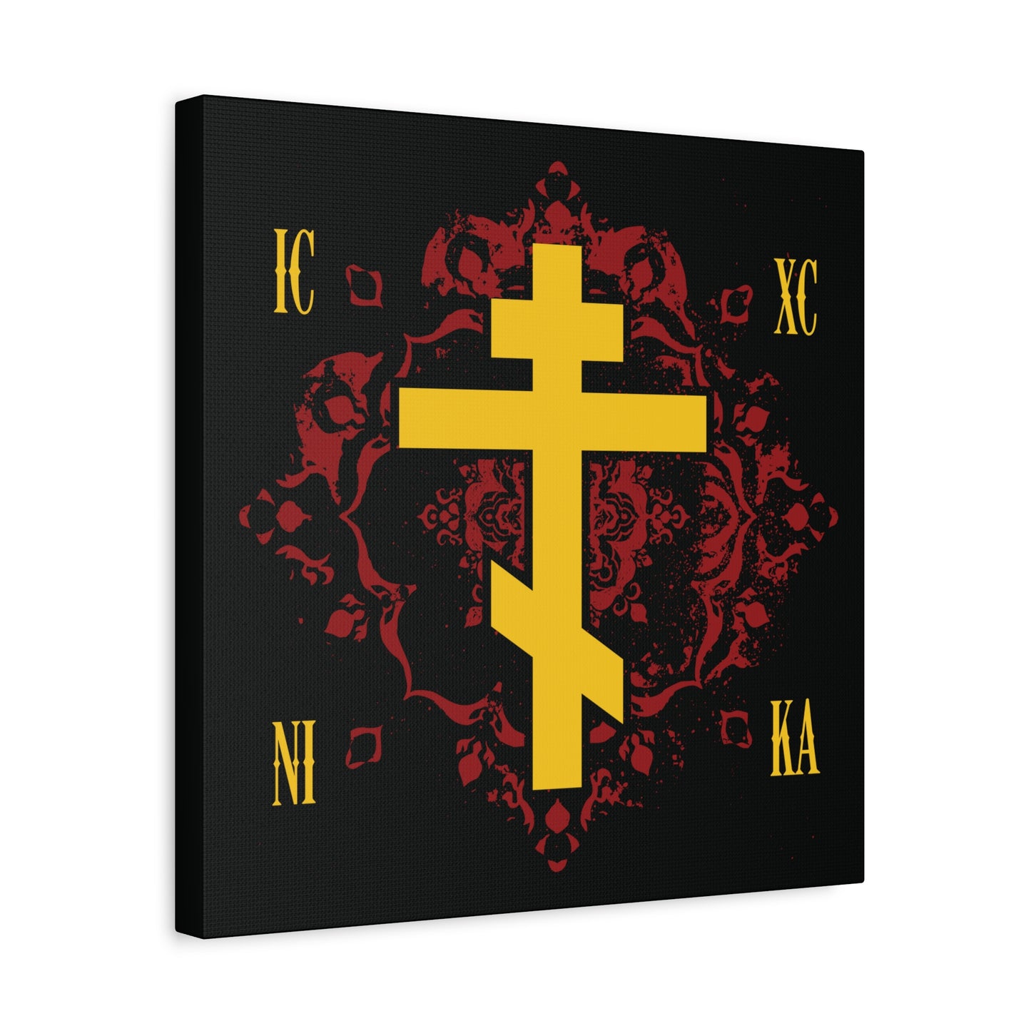 The “ICXC NIKA Yellow Russian Cross on Ornate Red Background Design” canvas features a yellow Orthodox cross symbolizing Christ’s victory, accented by IC XC NI KA in the corners on a rich, red patterned background.