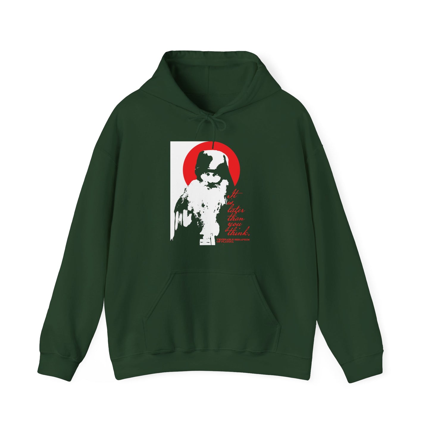 Remembrance of Death “It’s Later Than You Think” hoodie features a bold black-and-white graphic of Fr Seraphim Rose with red accents and text—honoring Orthodox spiritual life and memento mori, in a modern, high-contrast design.