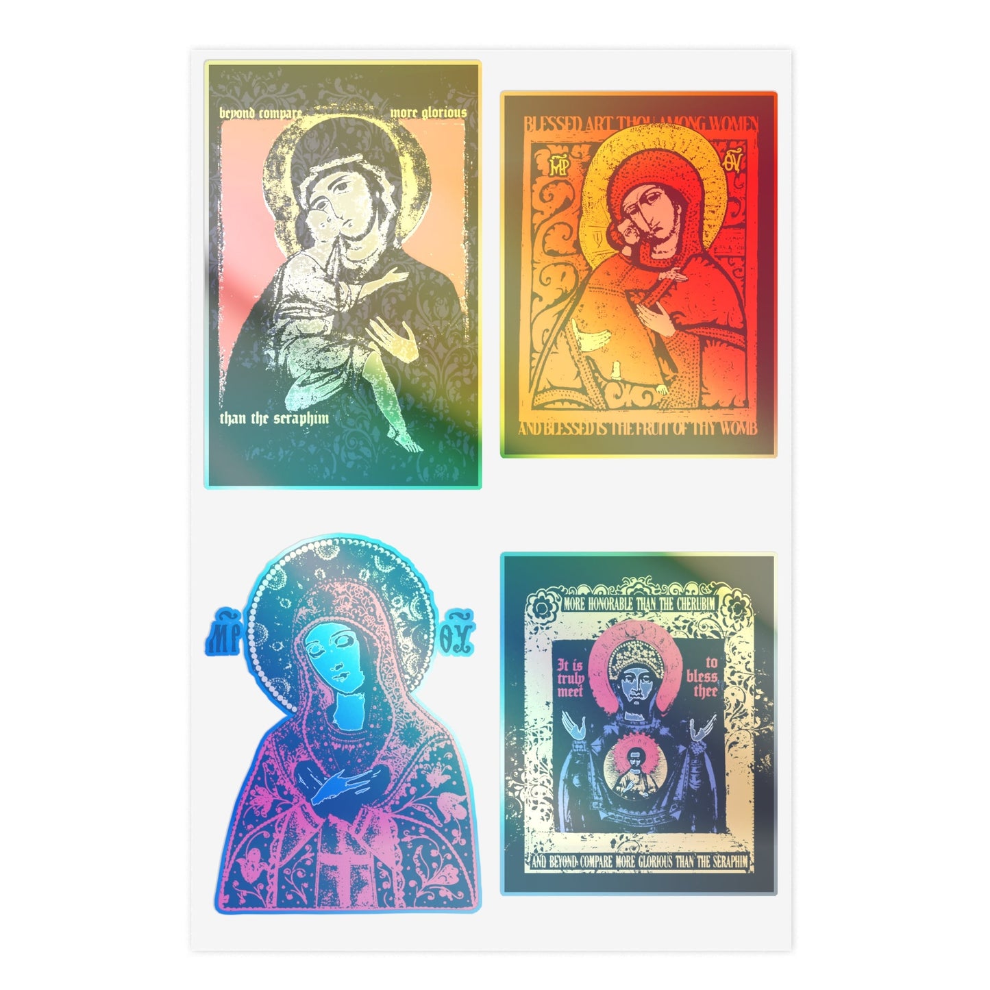 Theotokos IconoGraphic Sticker Collection No. 1 by Remembrance of Death features four vibrant Orthodox Christian icons—Vladimir, Joy of All Joys, and Of the Sign—in unique styles with halos and decorative text, arranged in a 2x2 grid on white.