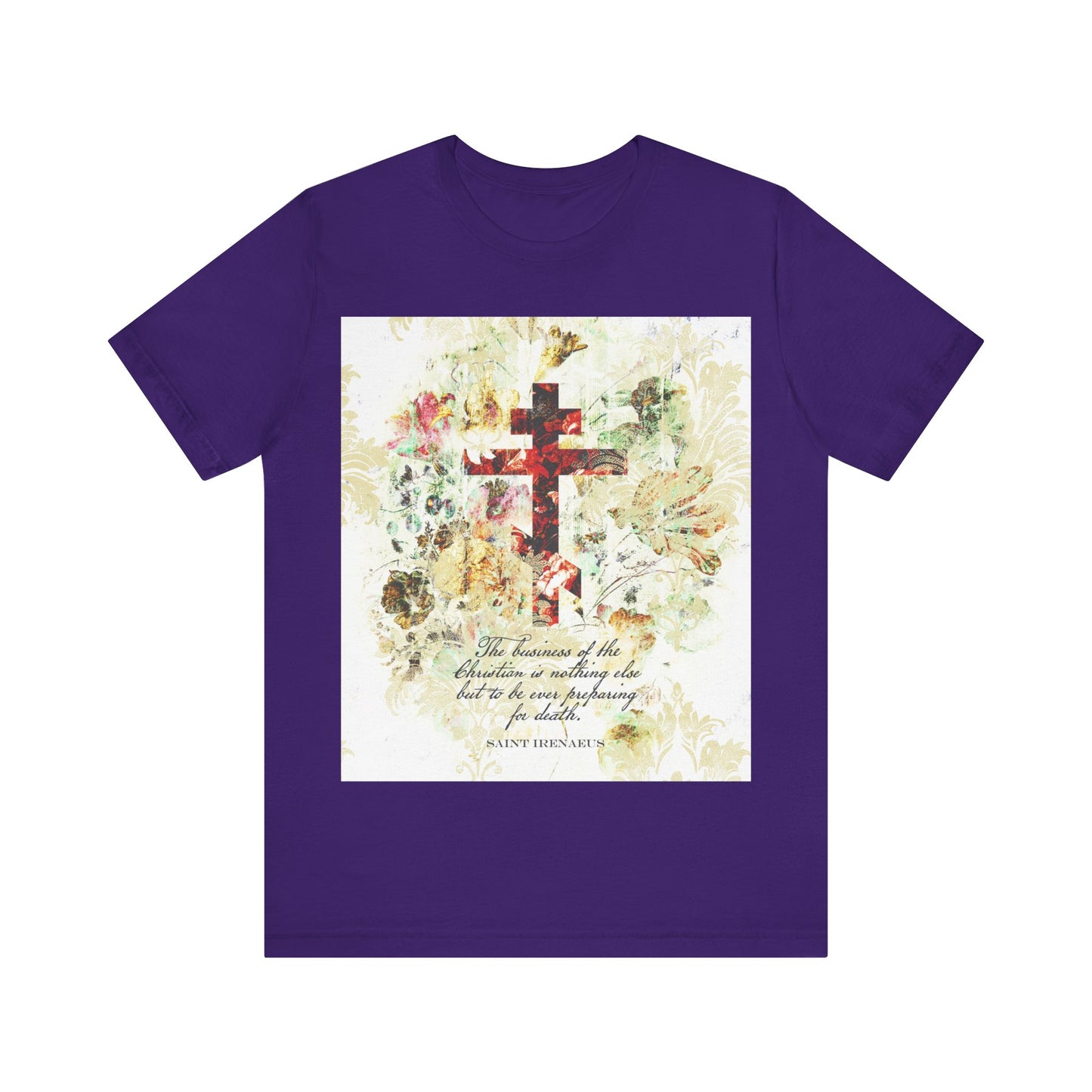 Team Purple "Preparing For Death" t-shirt features a white & beige floral scrapbook texture cross with a St Irenaeus quote in an arts & crafts style, inspired by Orthodox Christianity.
