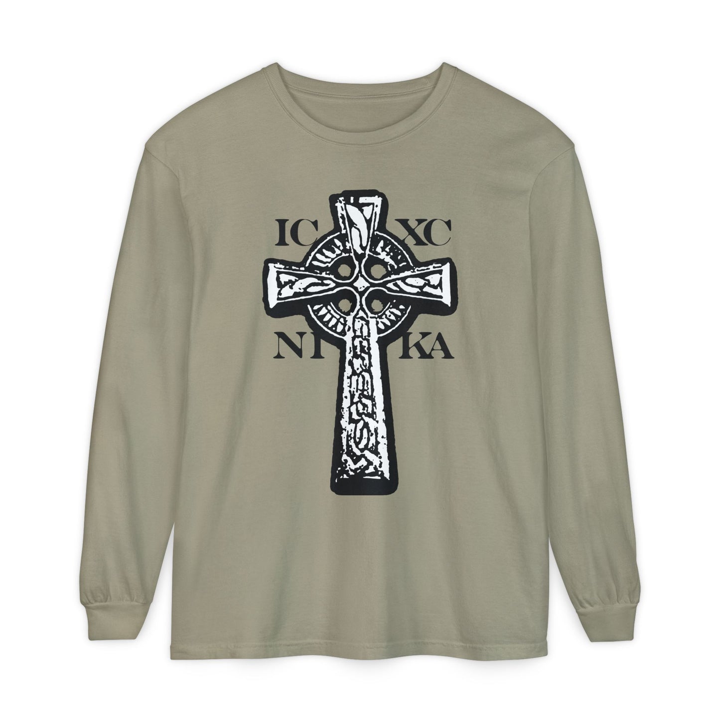 Sandstone long-sleeve shirt with a bold black and white Celtic Knotwork Cross on a red background and "ICXC NIKA"—a traditional Orthodox Christian symbol meaning "Jesus Christ Conquers.