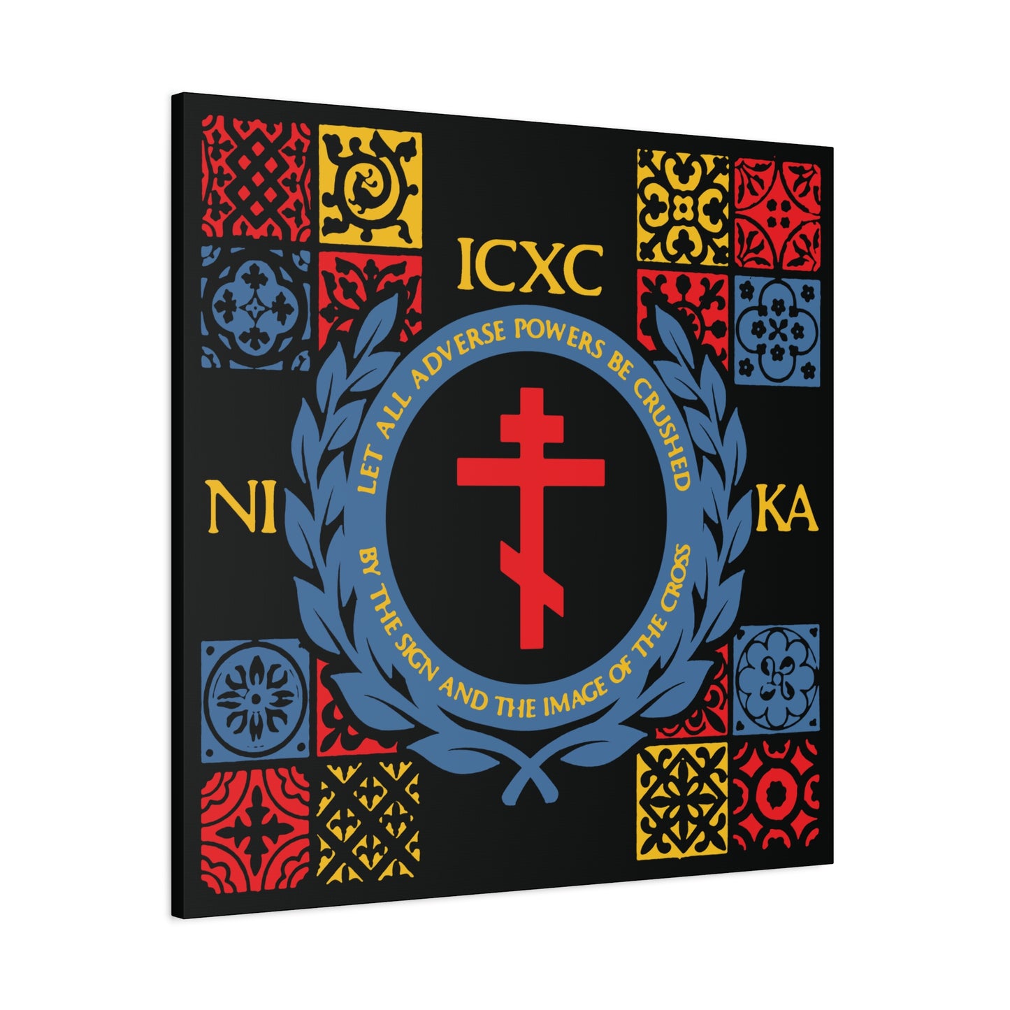 Let All Adverse Powers Be Crushed (Red, Yellow & Blue Design) | ICXC NIKA | Medieval Tile Design | Orthodox Christian Canvas Art