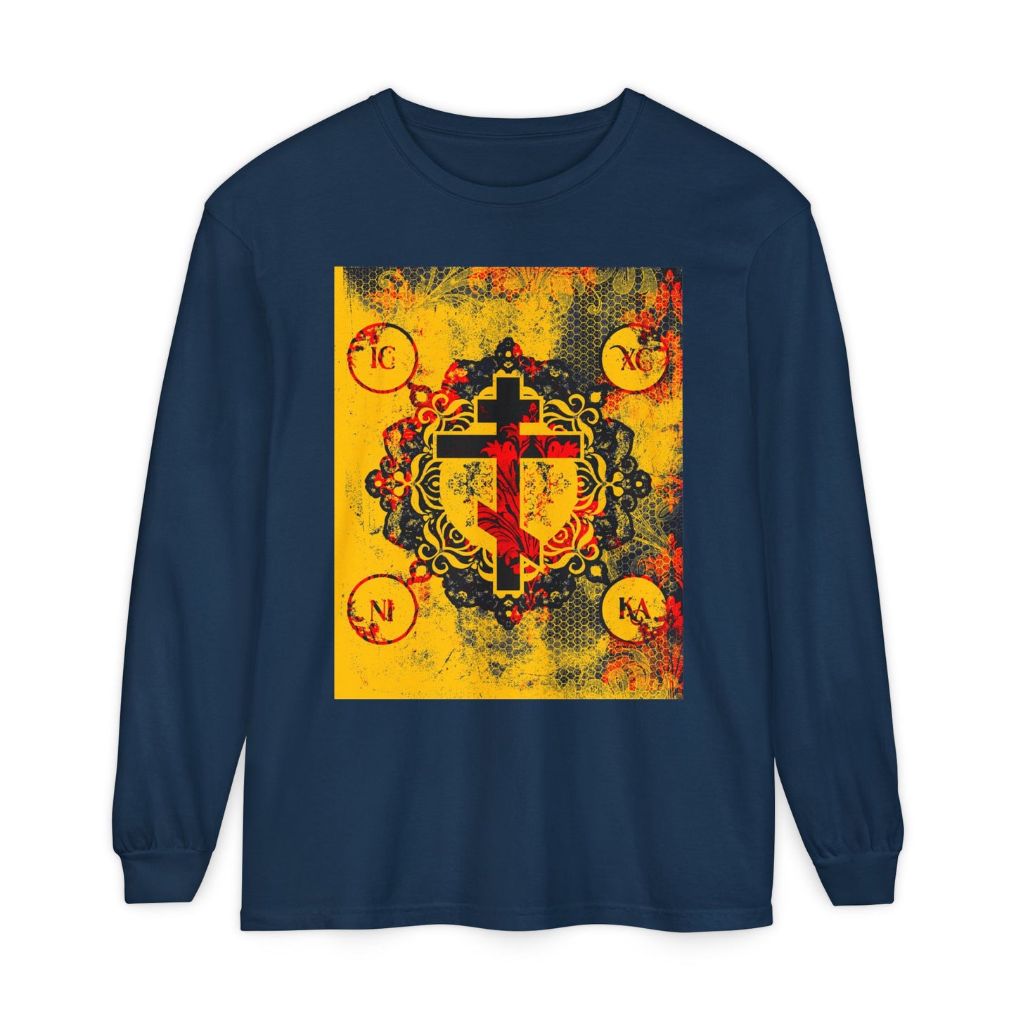 IC XC NIKA Orthodox Cross | Yellow & Red Modern & Medieval Textured Floral Design | Orthodox Christian Long Sleeve Shirt