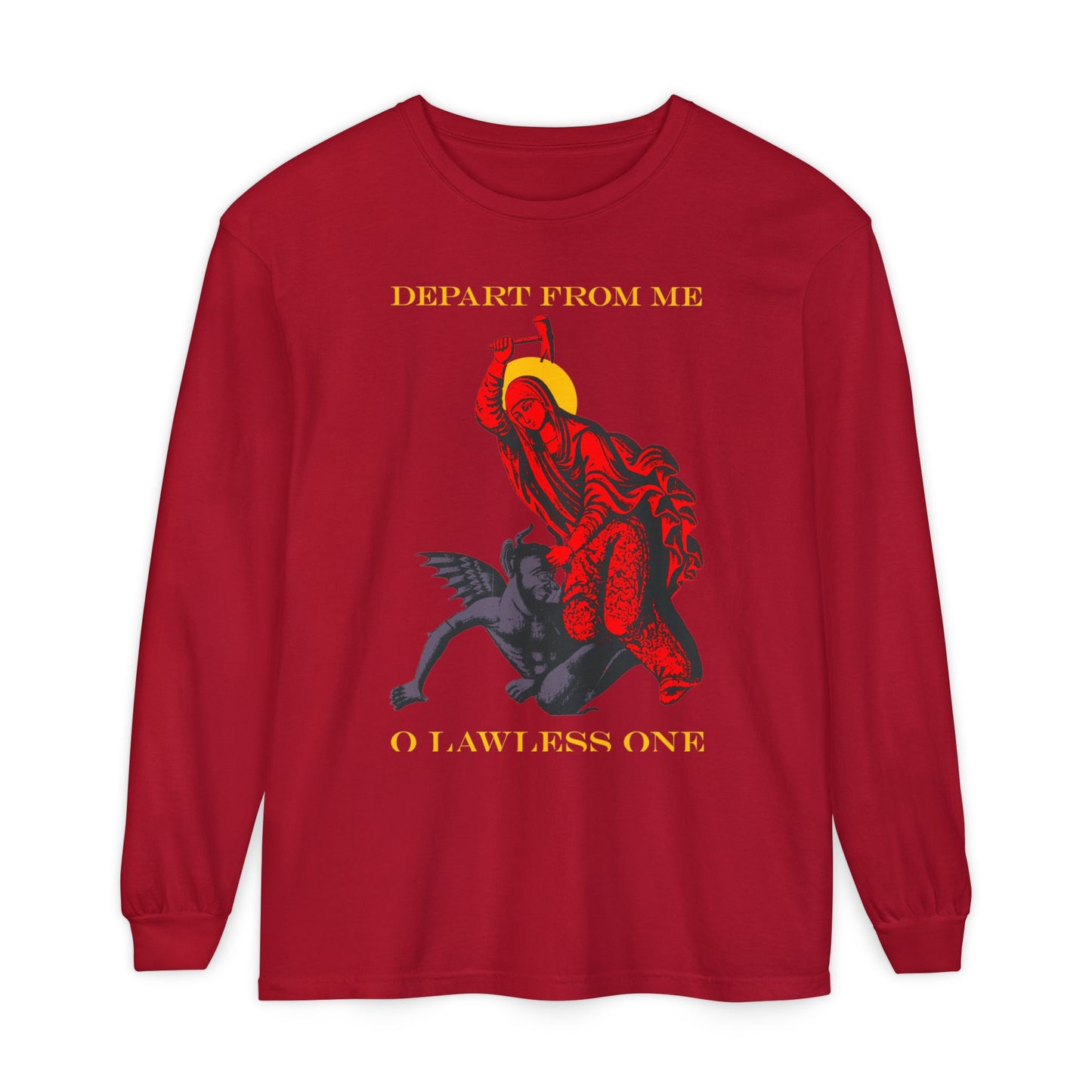 St Marina IconoGraphic (Depart from Me O Lawless One) | Saint Beating the Devil with a Hammer | Orthodox Christian Cotton Long Sleeve Shirt