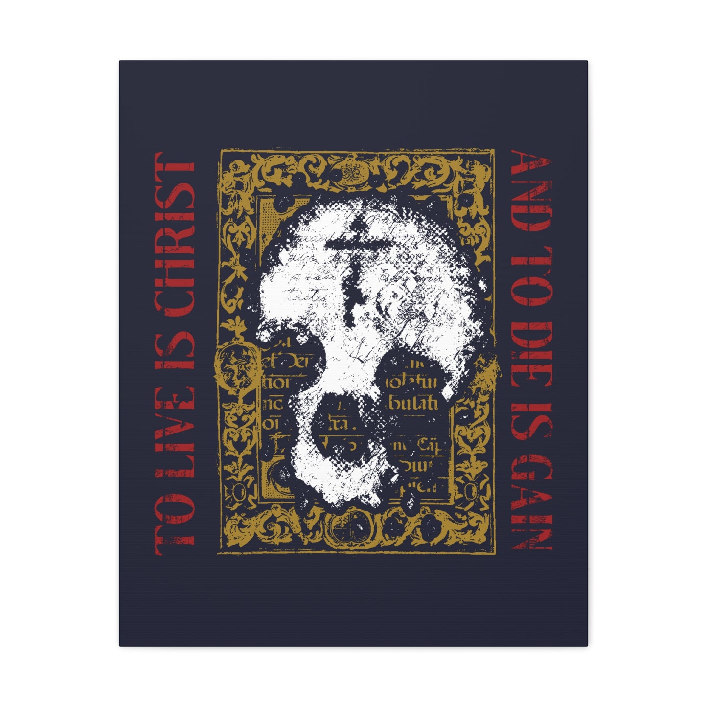 To Live is Christ, to Die is Gain (Philippians 1:21) | Skull with Cross on Gold Manuscript Texture | Orthodox Christian Canvas Art