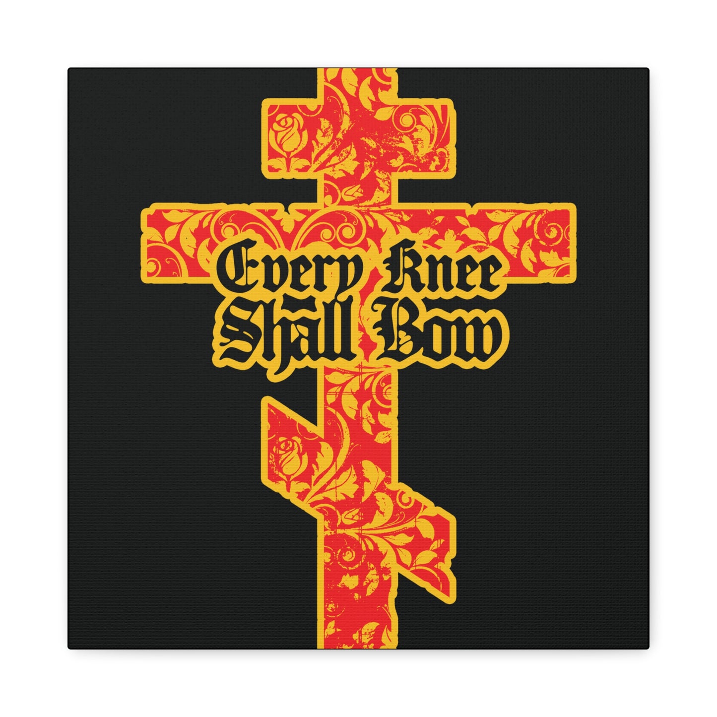 A gold and red floral Orthodox cross with gothic lettering reading “Every knee shall bow,” inspired by Isaiah 45:22-24 and Philippians 2:7-11, proclaiming Jesus Christ is Lord; featured as Christian wall art.