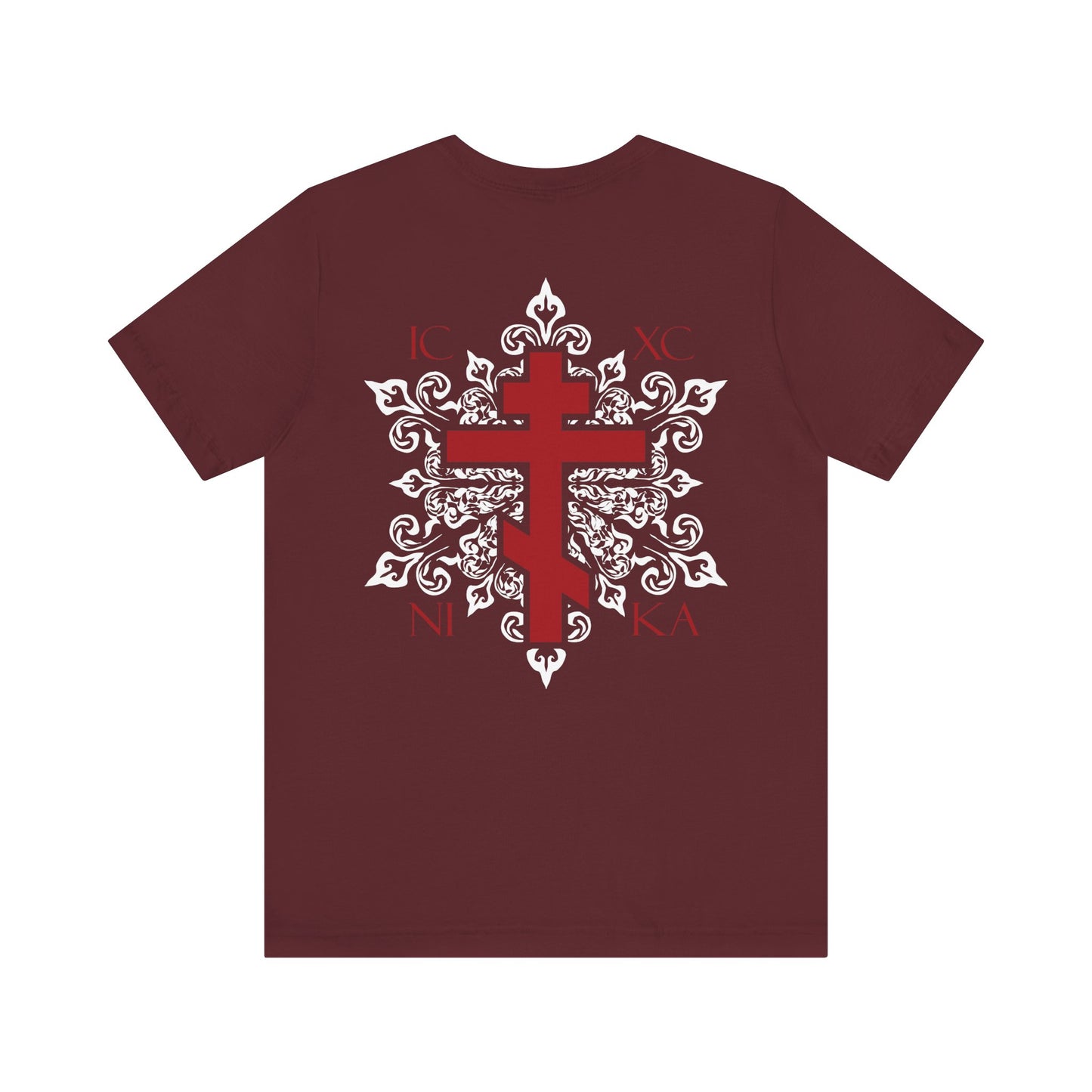 Custom order maroon lightweight cotton unisex t-shirt featuring a red Orthodox cross on the front left breast and an ornate white medieval floral ICXC NIKA cross design with Greek letters in white and red on the back.