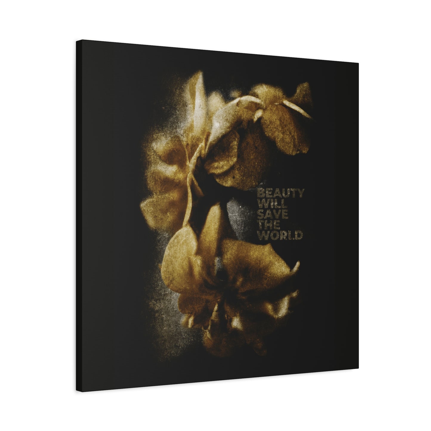 Original photography of golden flowers glowing on a dark background with the text "BEAUTY WILL SAVE THE WORLD"—Christian Wall Art inspired by Dostoevsky, glorifying Jesus Christ, Universal Creator & King.