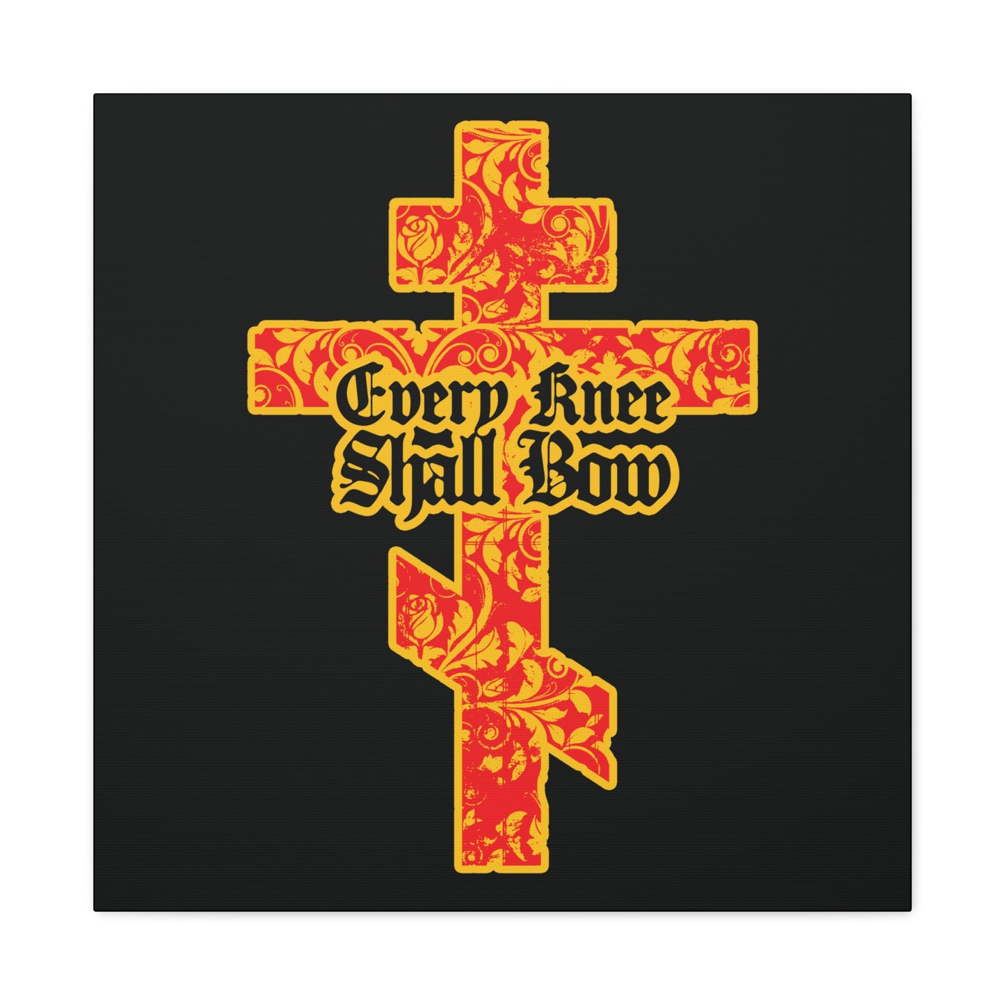 The "Every Knee Shall Bow" wall art features a gold and red floral Orthodox cross with gothic lettering (Isaiah 45:22-24, Phil 2:7-11), proclaiming Jesus Christ is Lord.