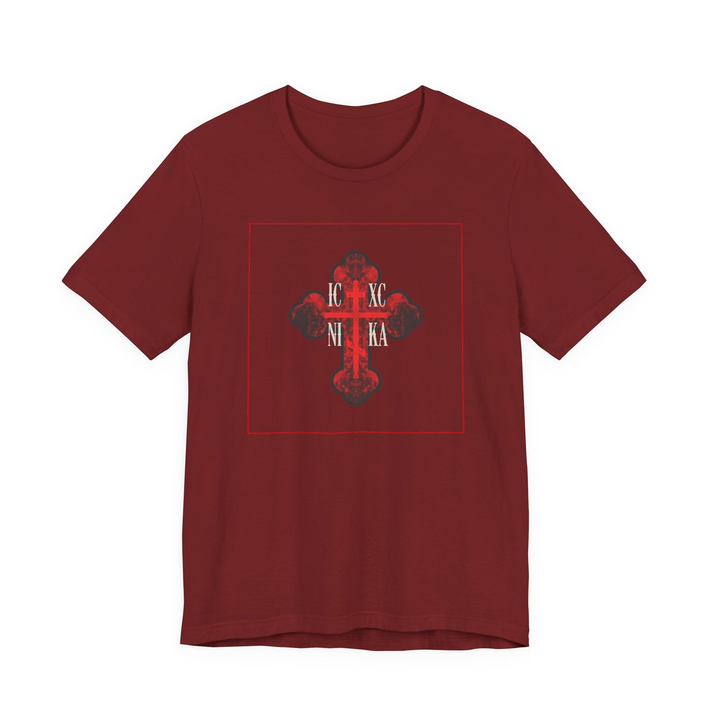 ICXC NIKA Red Glowing Ornate Textured Orthodox Cross | The Cross is the Symbol of Salvation | Christian Cotton Unisex Tee