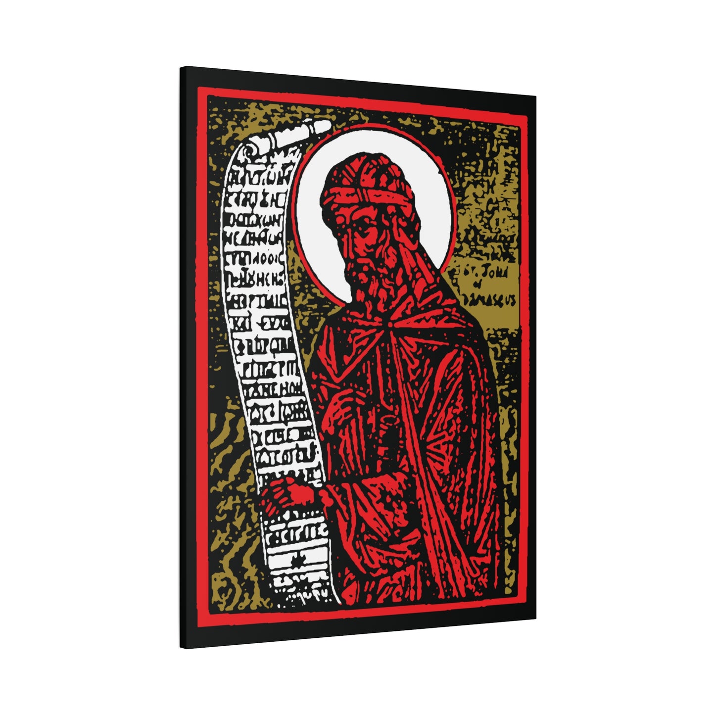 The St. John of Damascus Icono-Graphic features the Orthodox saint in vivid red, gold, and black hues, depicted with a halo and scroll—perfect Christian canvas art for honoring his hymn-writing legacy.