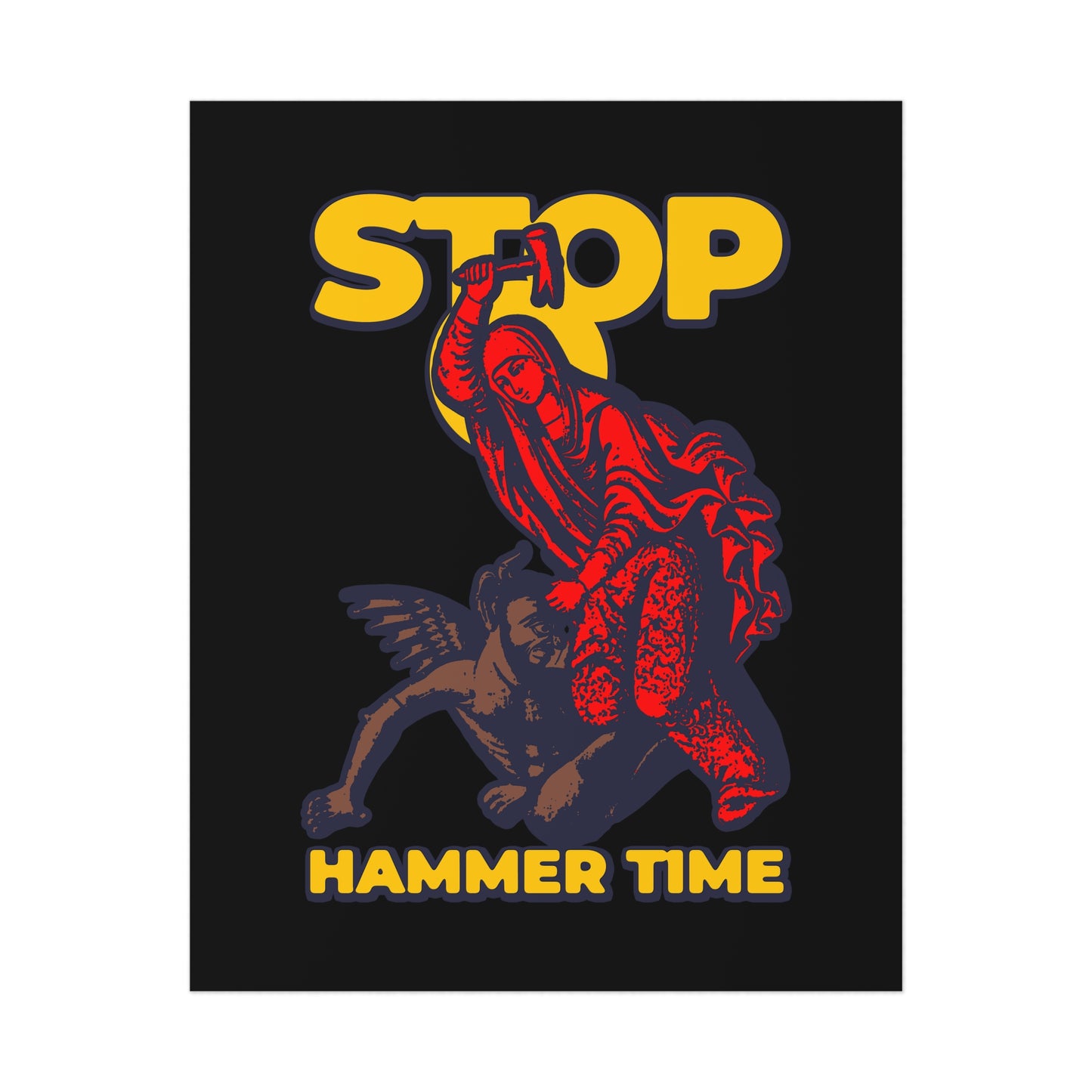 Modern Orthodox meme poster featuring St Marina of Antioch beating the devil with a hammer and the text "Stop, Hammer Time" in red, blue, and yellow on a black background. Christian art inspired by saints’ lives and martyrdom.