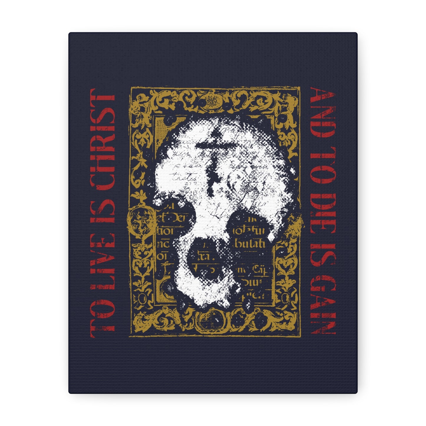 To Live is Christ, to Die is Gain (Philippians 1:21) | Skull with Cross on Gold Manuscript Texture | Orthodox Christian Canvas Art