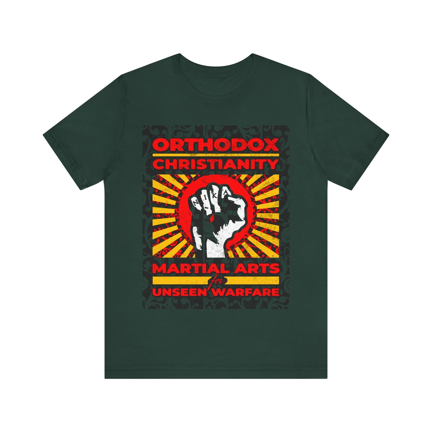 Orthodox Christianity: Martial Arts for Unseen Warfare | NIKA Jesus Fist on Colorful Sunburst Design | Orthodox Christian T-Shirt