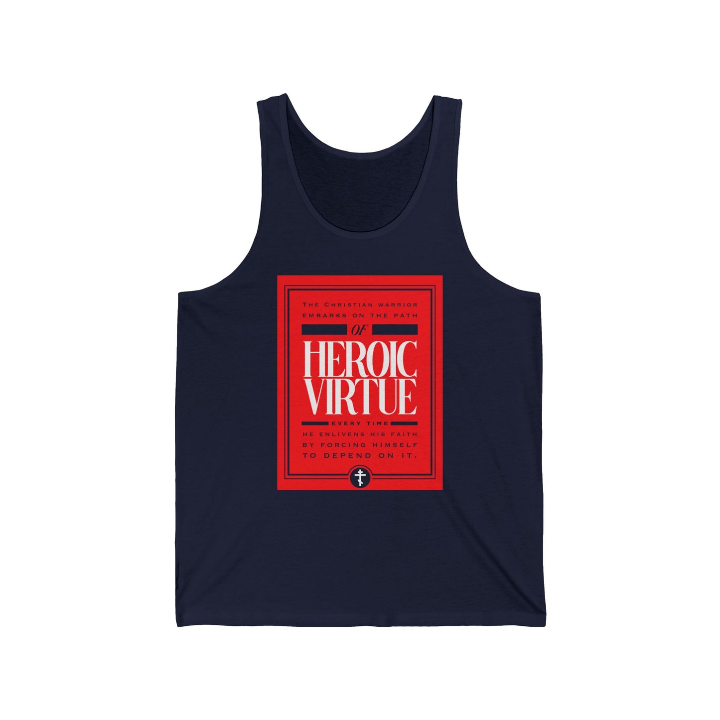 Navy Christian Warrior tank top featuring "Path of Heroic Virtue," ascetic ethos, and Phil 4:13 devotional quote—a bold graphic inspired by Christian strength and inspiration.