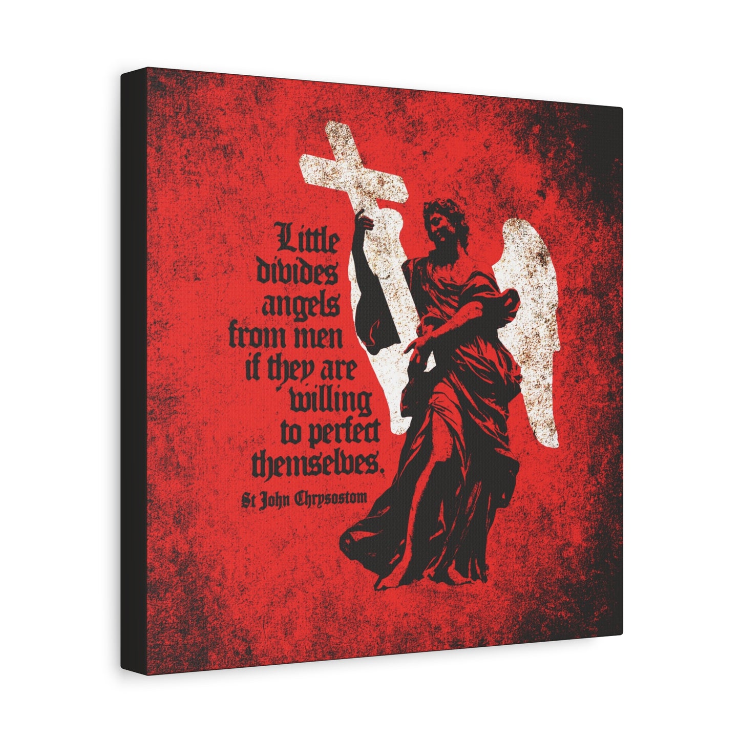 Little Divides Angels from Men" Orthodox Christian canvas art features a textured cemetery angel and quote by St. John Chrysostom, inspiring faith and Christian perfection.