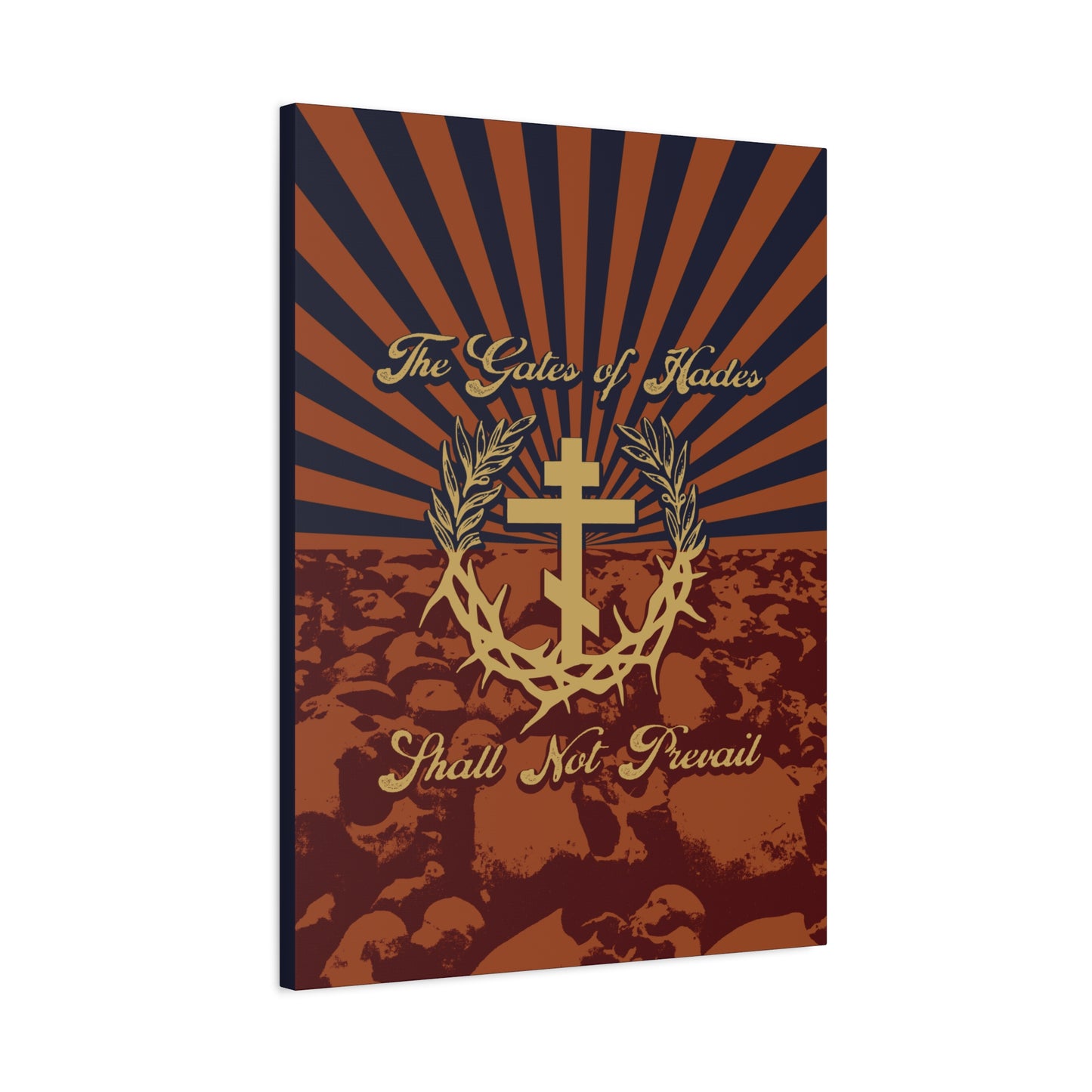 The Gates of Hades Shall Not Prevail | Cross with Wreath & Crown of Thorns | Skulls and Rays | Orthodox Christian Canvas Art