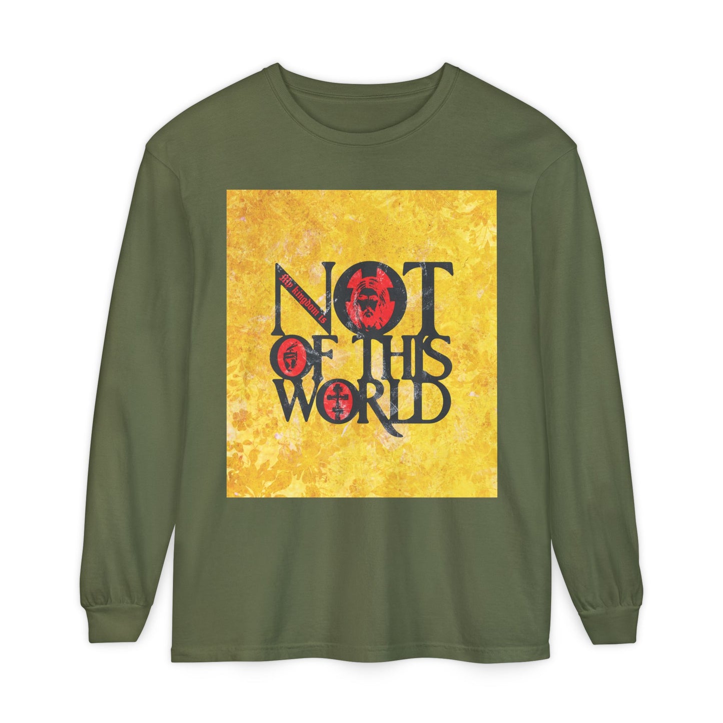 My Kingdom is Not of This World (John 18:36) | Bold Red, Yellow & Black Textured Design with Icon Motifs | Orthodox Christian Long Sleeve Shirt