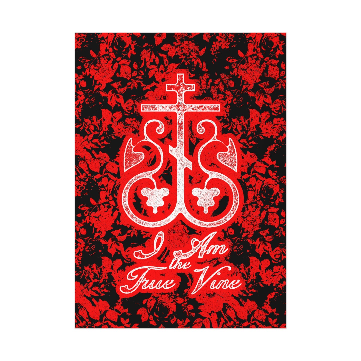 I Am the True Vine (John 15:1) | Orthodox Cross Vine Monogram | Red and Black Floral Design | Orthodox Christian Art Poster