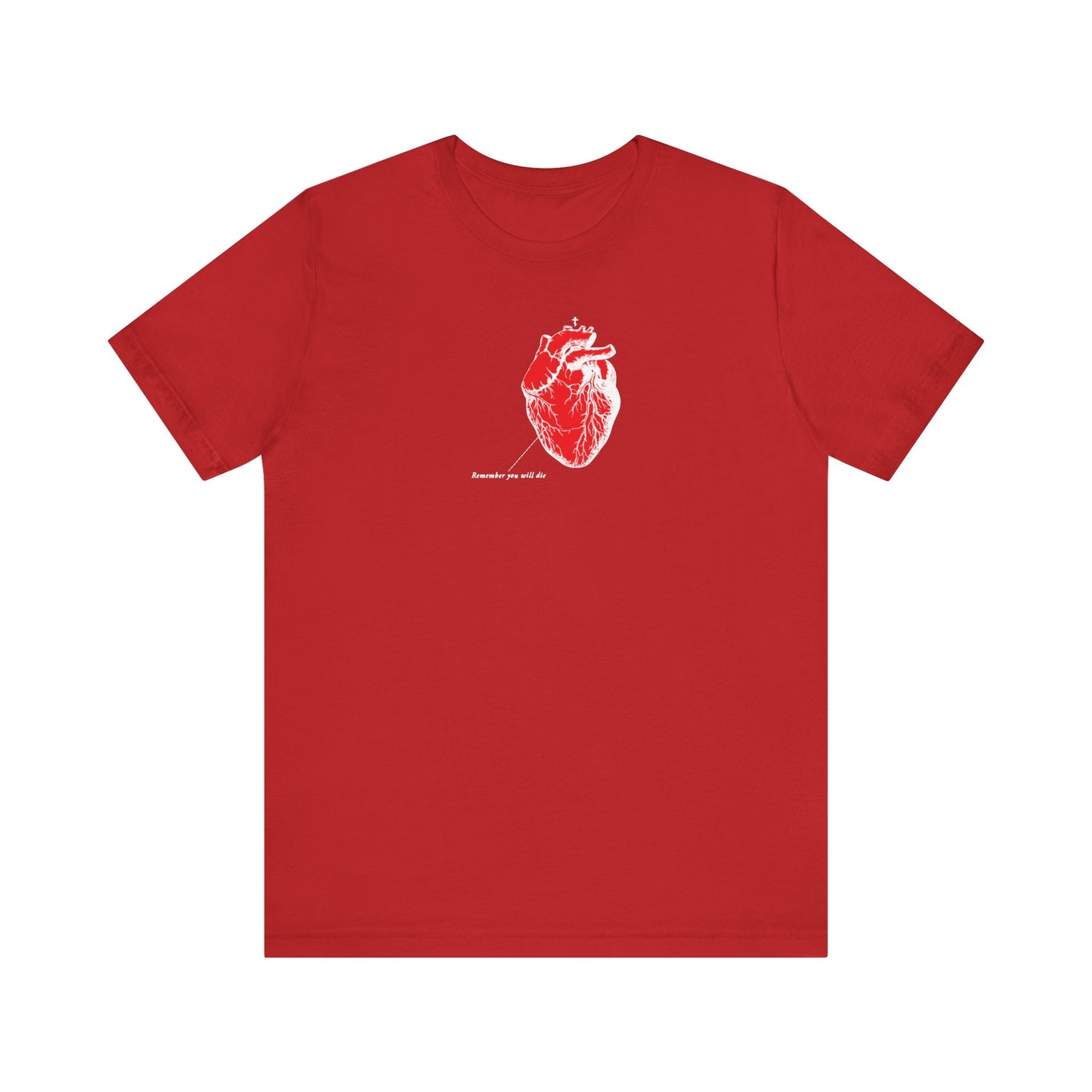 Red "Remember You Will Die" Orthodox Christian unisex lightweight cotton t-shirt featuring an antique medical textbook heart design with inverted shadows and small text beneath the chest illustration, inspired by St. John of the Ladder’s teachings on remembrance of death and spiritual mourning.