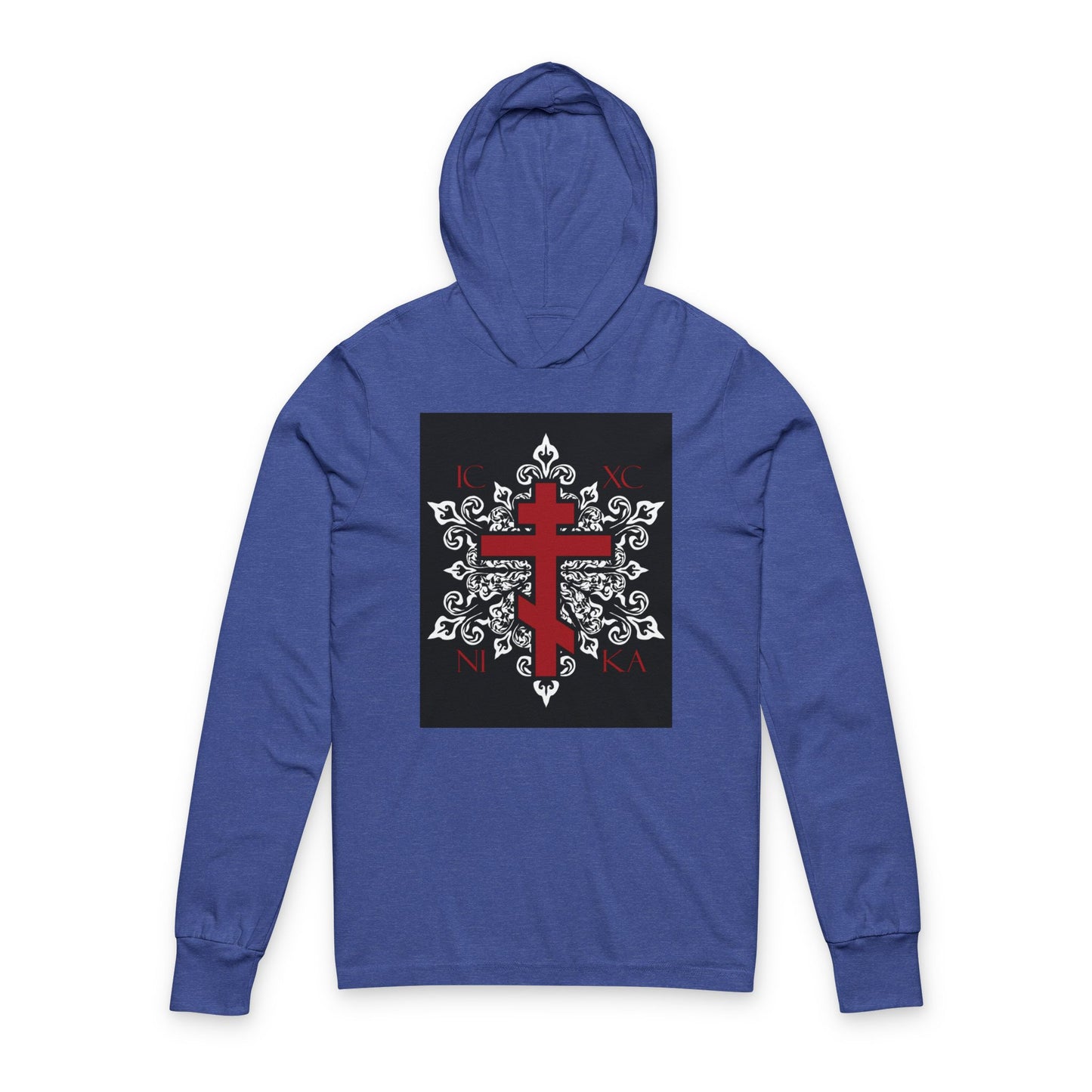 ICXC / NIKA Red Orthodox Cross on Ornate White Medieval Floral Design | Exclusive Best-Selling | Orthodox Long Sleeve Hooded Shirt