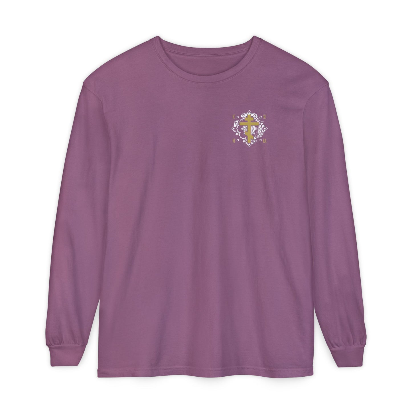 Gold Orthodox Cross ICXC NIKA  (Small Design) | White Medieval Ornate Floral Pattern | Jesus Christ Conquers | Christian Long Sleeve