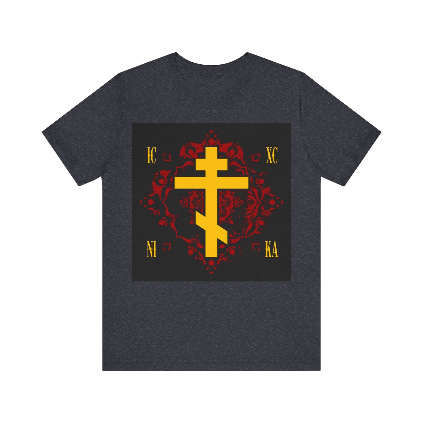ICXC NIKA Yellow Russian Cross on Ornate Red Background Design | Jesus Christ Conquers | Orthodox Christian T-Shirt