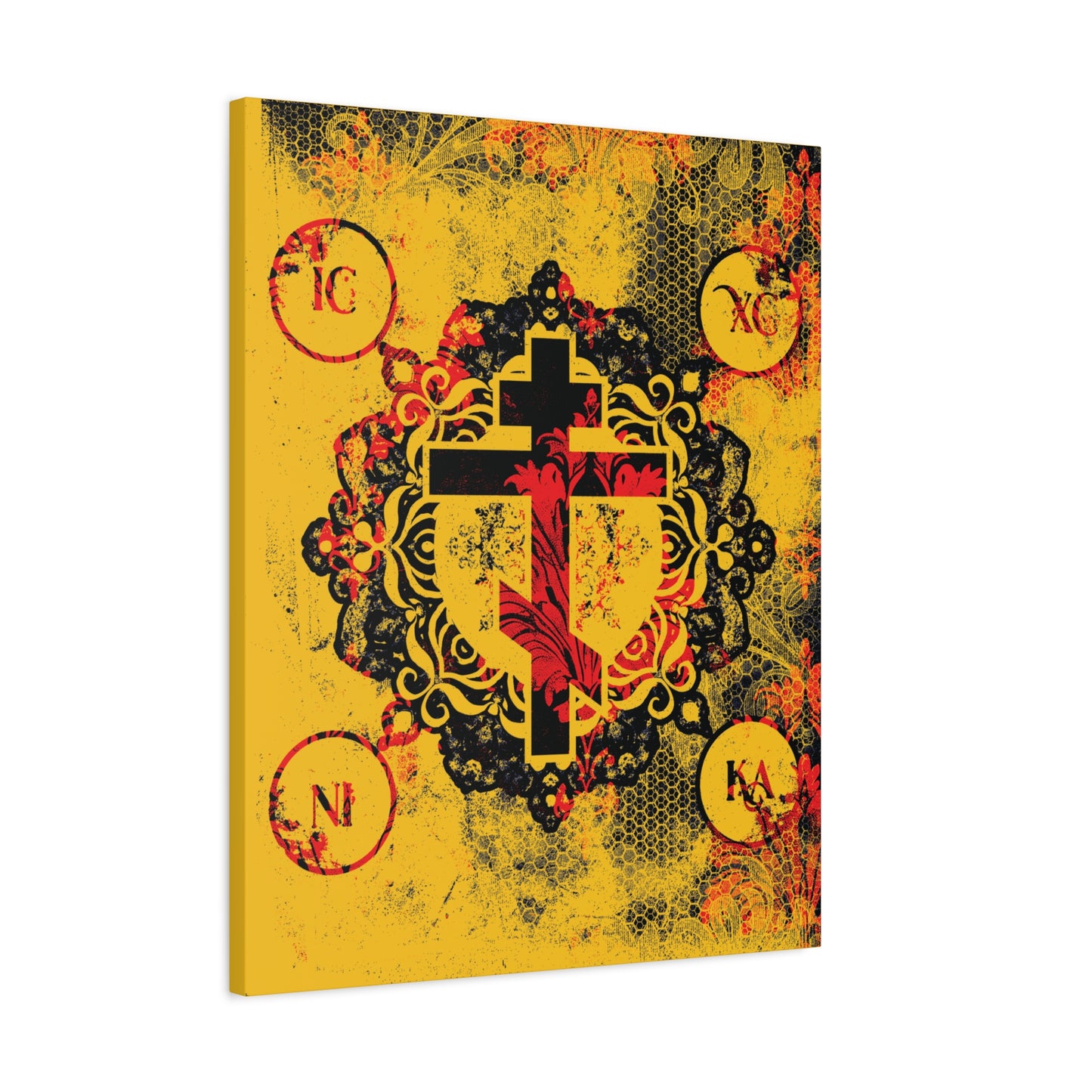 IC XC NIKA Orthodox Cross | Yellow & Red Modern & Medieval Textured Floral Design | Orthodox Christian Canvas Art