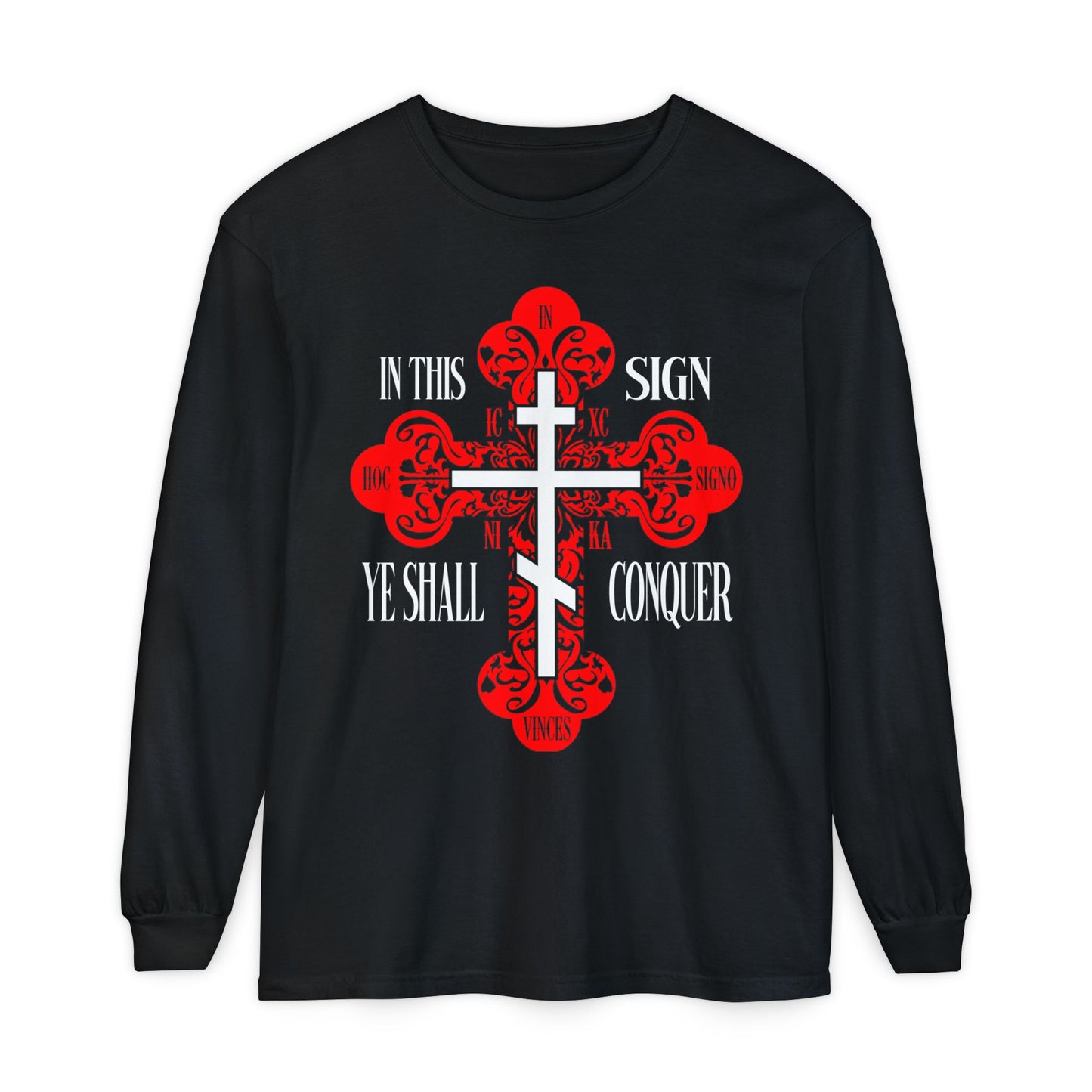 Black long sleeve featuring a red ornate Orthodox cross, "In This Sign Ye Shall Conquer," "ICXC NIKA," and "Jesus Christ Conquers" text, inspired by faith and tradition.