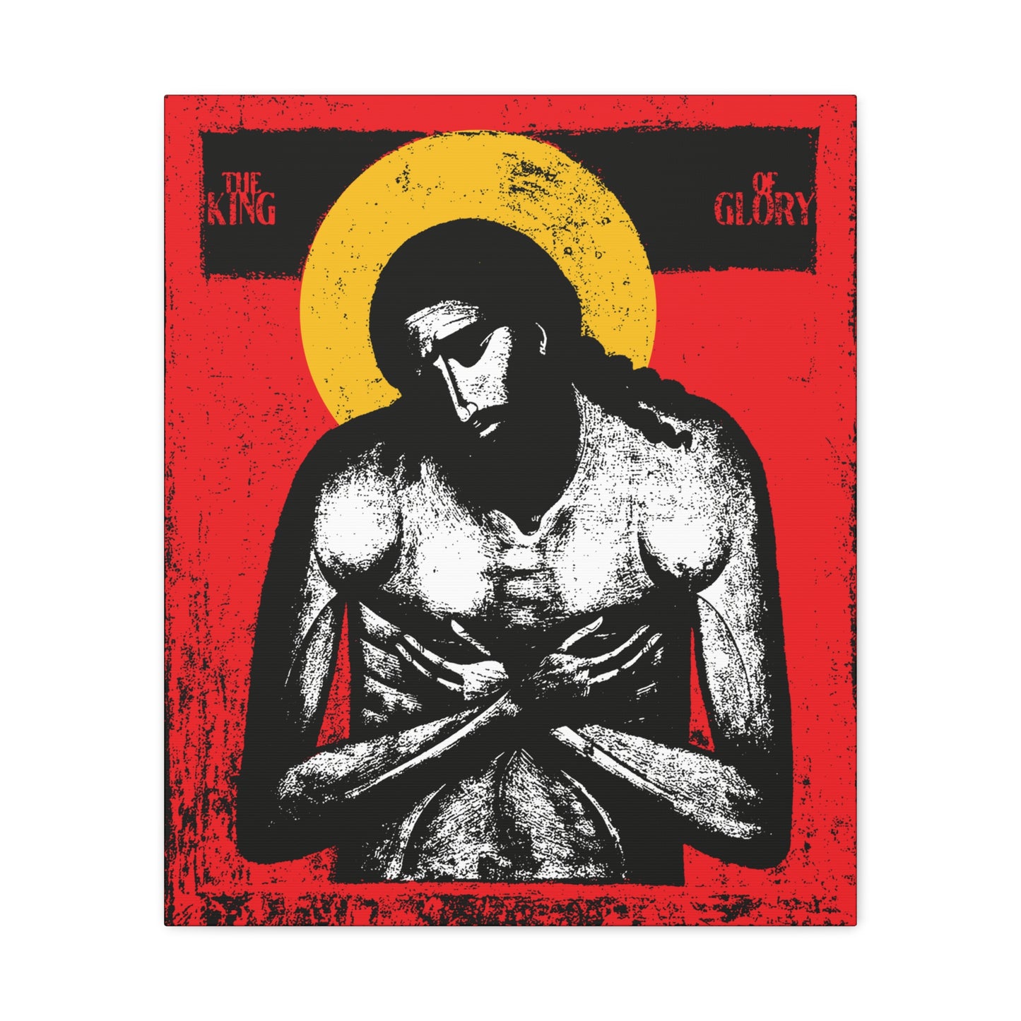 A stylized image of Jesus Christ with arms crossed, a yellow halo, and red background titled "The King of Glory Jesus Christ 'Extreme Humility' IconoGraphic," perfect Christian wall art for devotional spaces.