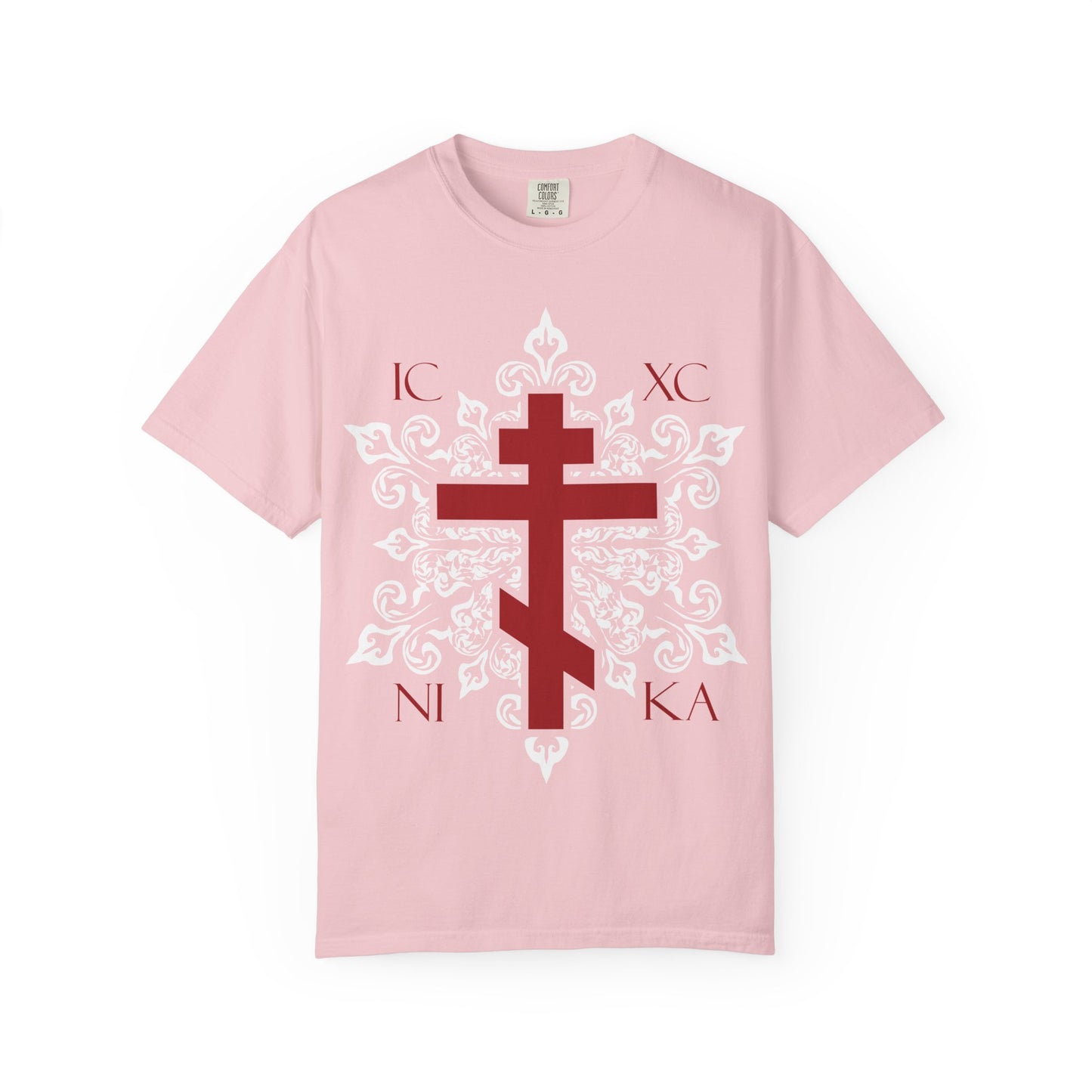 Introducing the ICXC / NIKA Red Orthodox Cross on Ornate White Medieval Floral Design - our best-selling Orthodox Christian heavyweight cotton unisex tee in Blossom, featuring a red Orthodox cross with white medieval floral patterns and the letters IC XC NI KA around the cross, inspired by the Adoration at the Cross and evoking paradise.