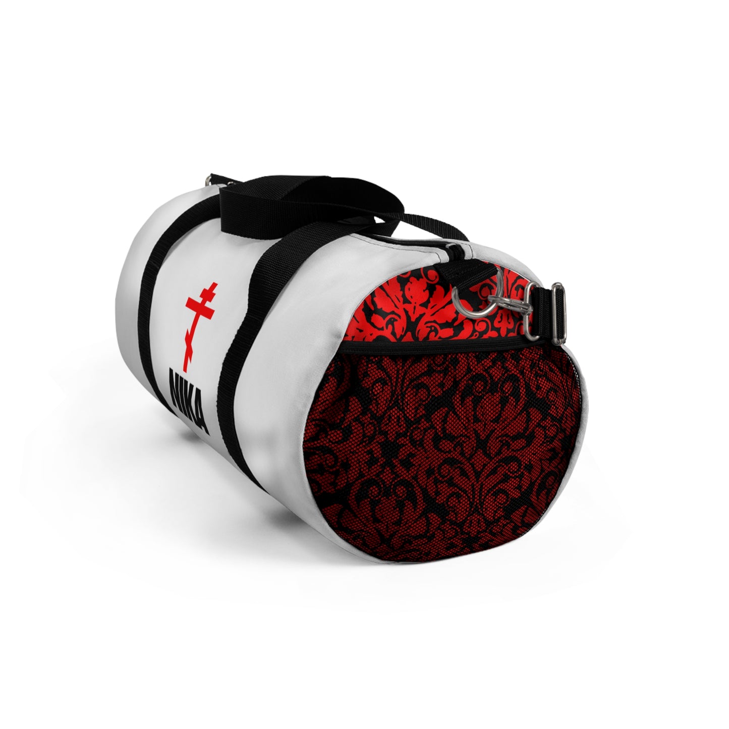 NIKA Red Orthodox Cross | White Bag | NIKE Logo Mashup | Minimalist Corporate Sports Logo Aesthetic | Orthodox Christian Gym Duffel Bag