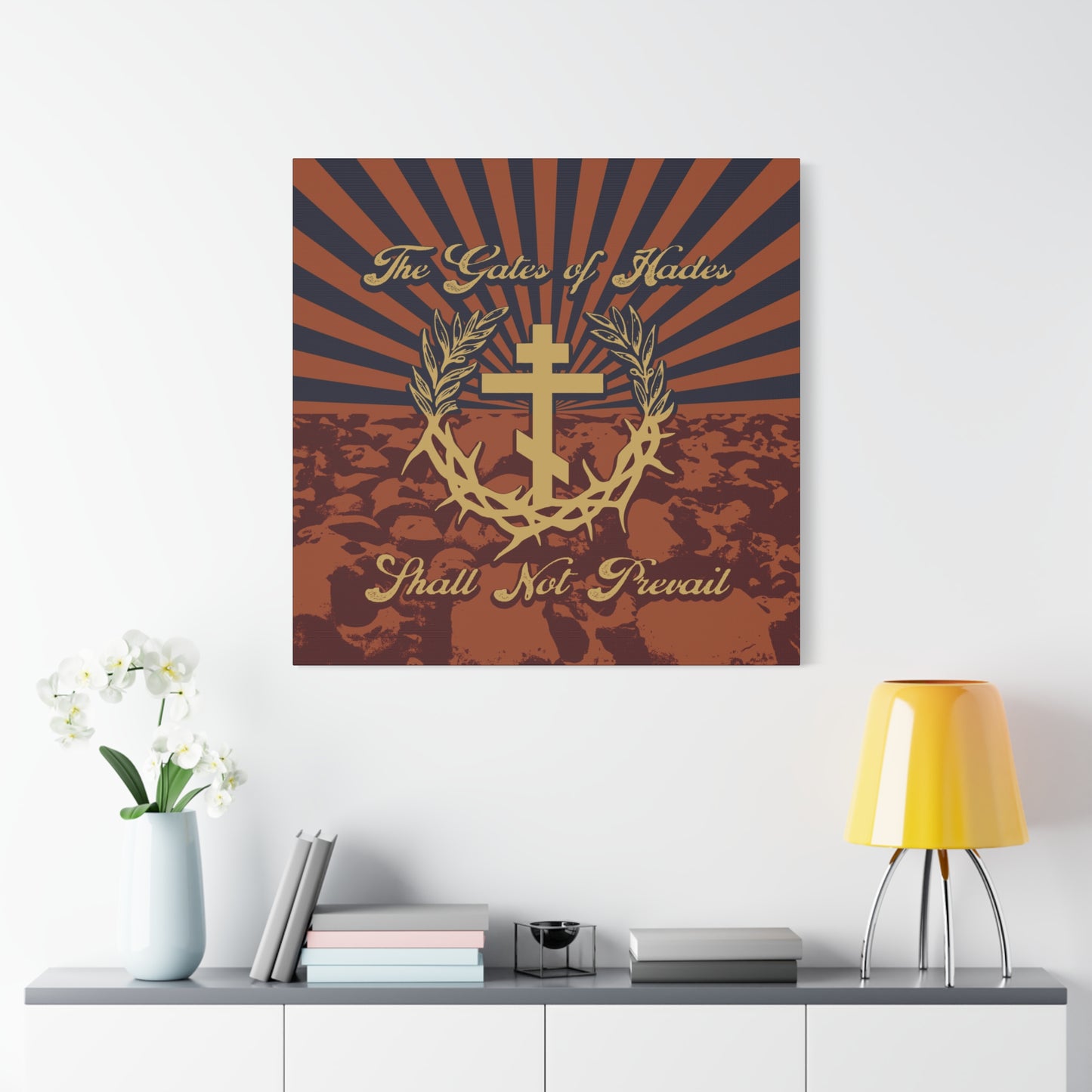 The Gates of Hades Shall Not Prevail | Cross with Wreath & Crown of Thorns | Skulls and Rays | Orthodox Christian Canvas Art