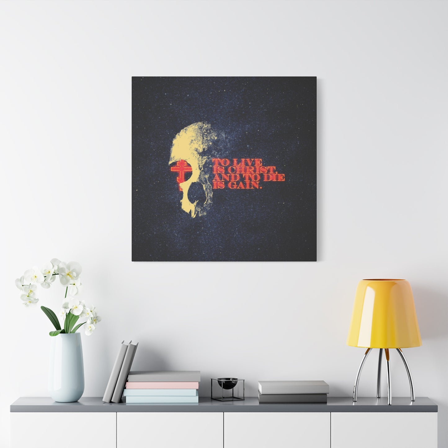 To Live is Christ and to Die is Gain | Phil 1:21 | Retro Texture | Glowing Letters and Cross with Skull | Orthodox Christian Canvas Art