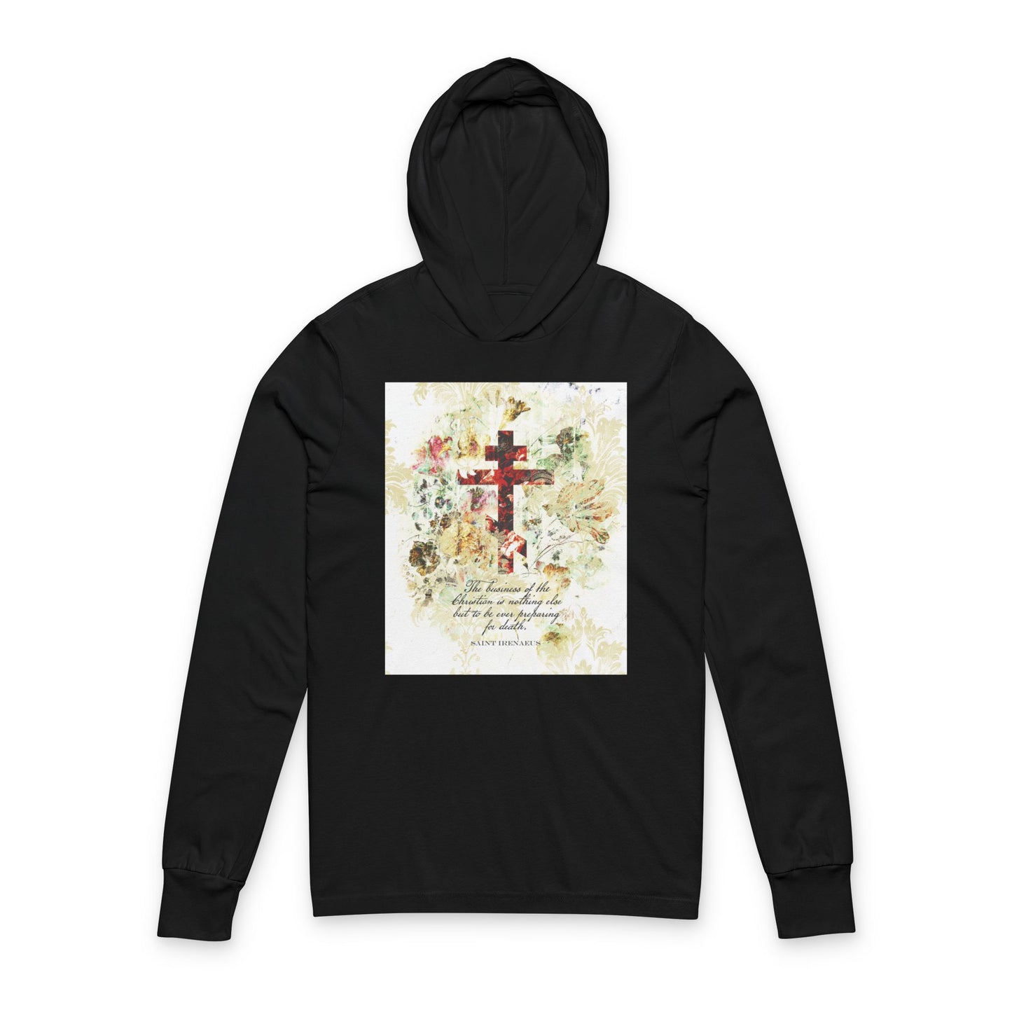 Preparing For Death | White & Beige Floral Scrapbook Texture Cross | Arts & Crafts Style | St Irenaeus | Orthodox Long Sleeve Hooded Shirt