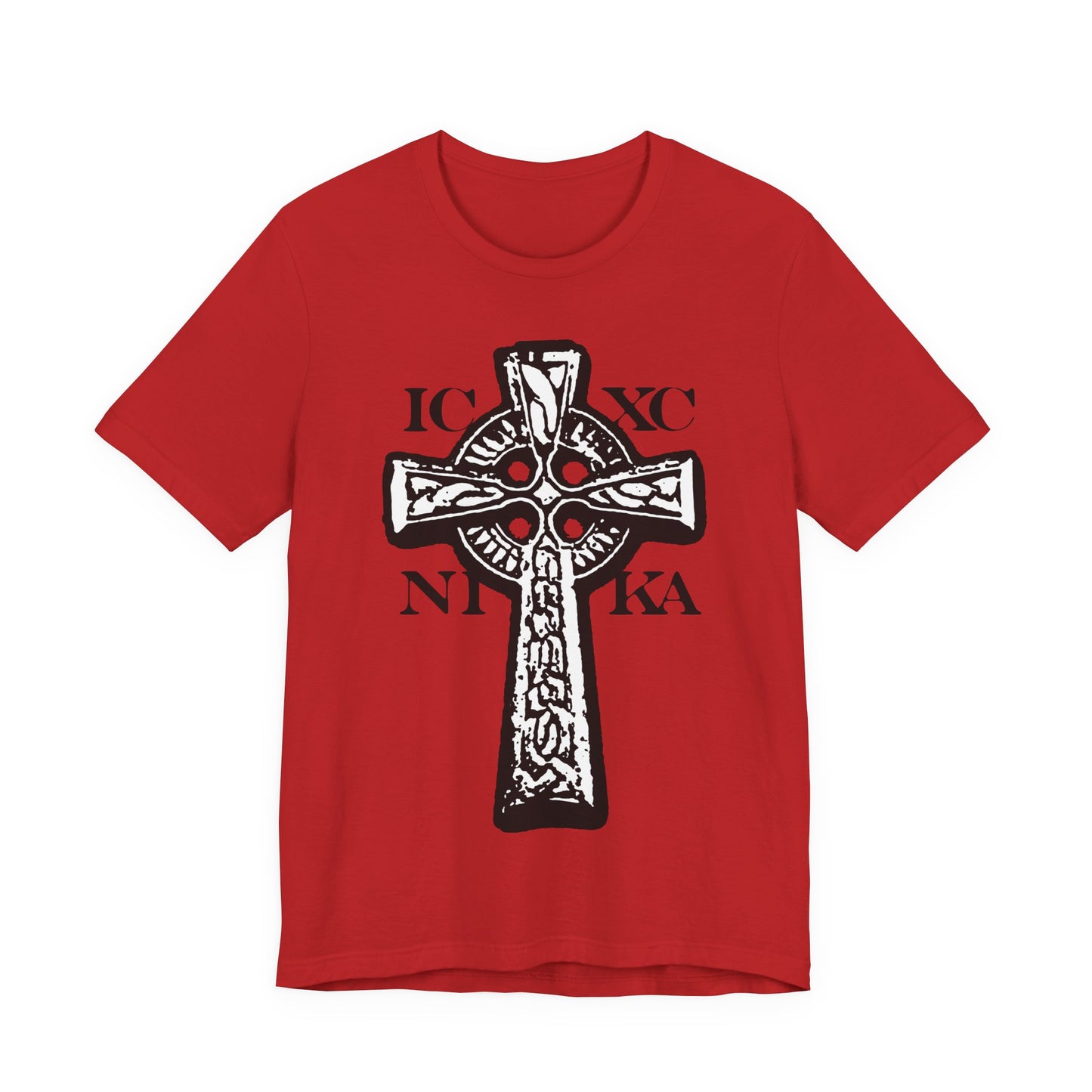 Red "ICXC NIKA Celtic Knotwork Cross" T-shirt features a bold black and white cross with "IC XC NIKA"—Jesus Christ Conquers—on a red background. Traditional Orthodox Christian design.