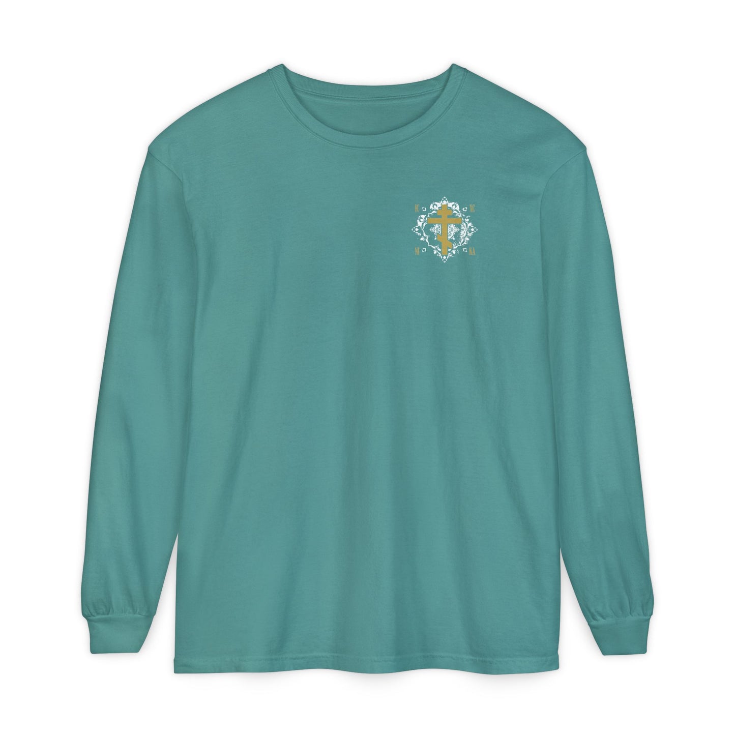 Gold Orthodox Cross ICXC NIKA  (Small Design) | White Medieval Ornate Floral Pattern | Jesus Christ Conquers | Christian Long Sleeve