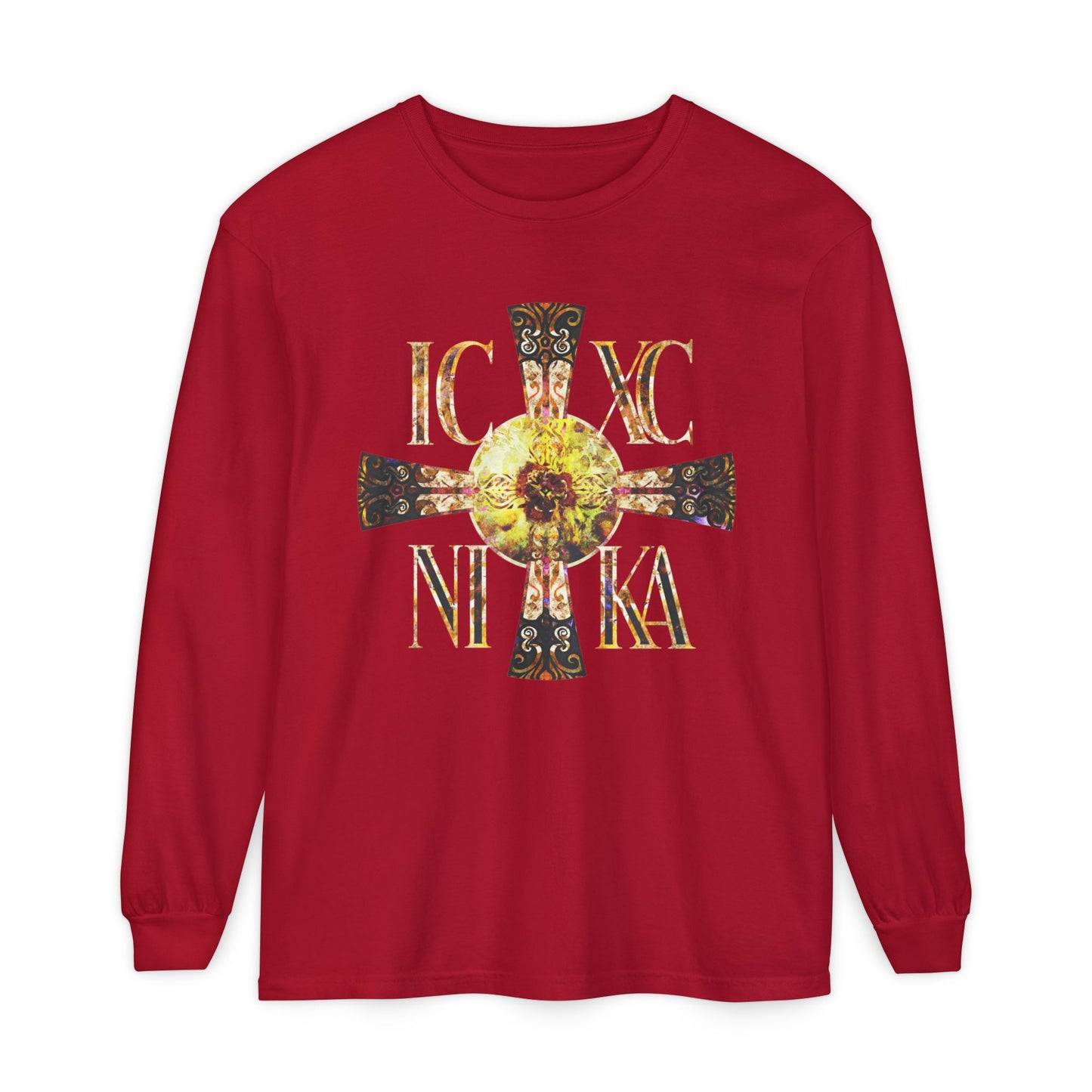 ICXC NIKA Celtic Style Equal Armed Cross | Bright Solar Texture | Orthodox Christian Long Sleeve Shirt