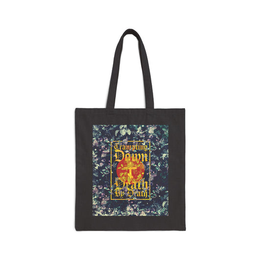 Trampling Down Death By Death | Paschal Floral Design with Gothic Script and Three-Bar Cross | Orthodox Christian Tote Bag