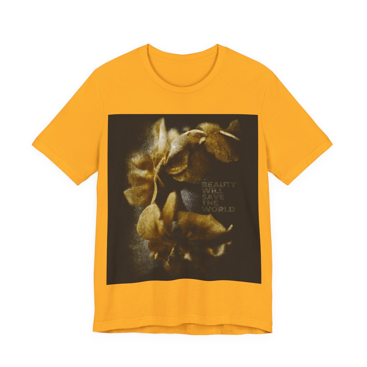 Gold Orthodox Christian t-shirt featuring "Beauty Will Save the World" inspired by Dostoevsky, with a photographic artwork glorifying Jesus Christ, Universal Creator & King.