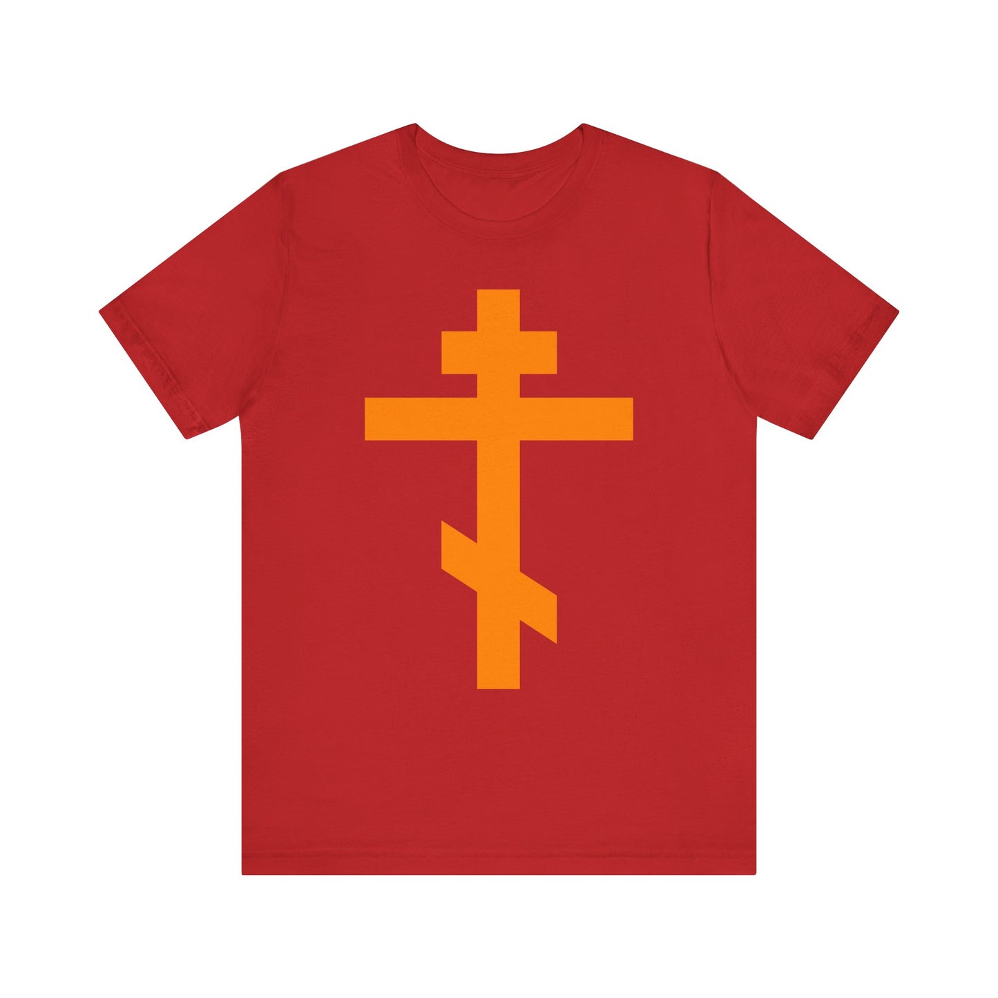 Red "Orange Orthodox Tribar Cross" lightweight cotton unisex tee featuring a large yellow Orthodox cross on the front, inspired by the hymn “Preserve Thy People By Thy Cross, O Lord,” and honoring St. John of Kronstadt’s spiritual legacy.