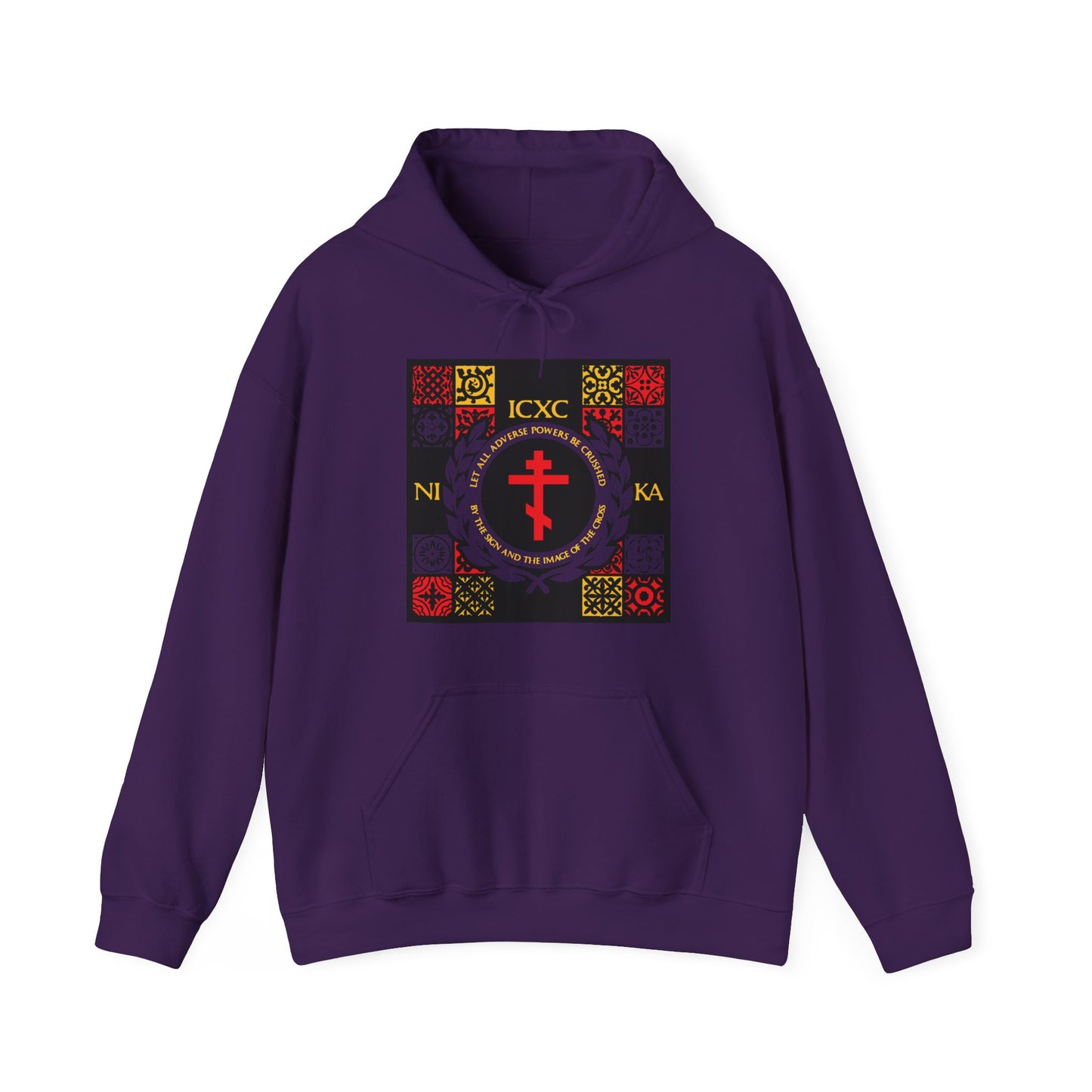 Let All Adverse Powers Be Crushed (Red, Yellow & Blue Design) | ICXC NIKA | Medieval Tile Design | Orthodox Christian Hoodie