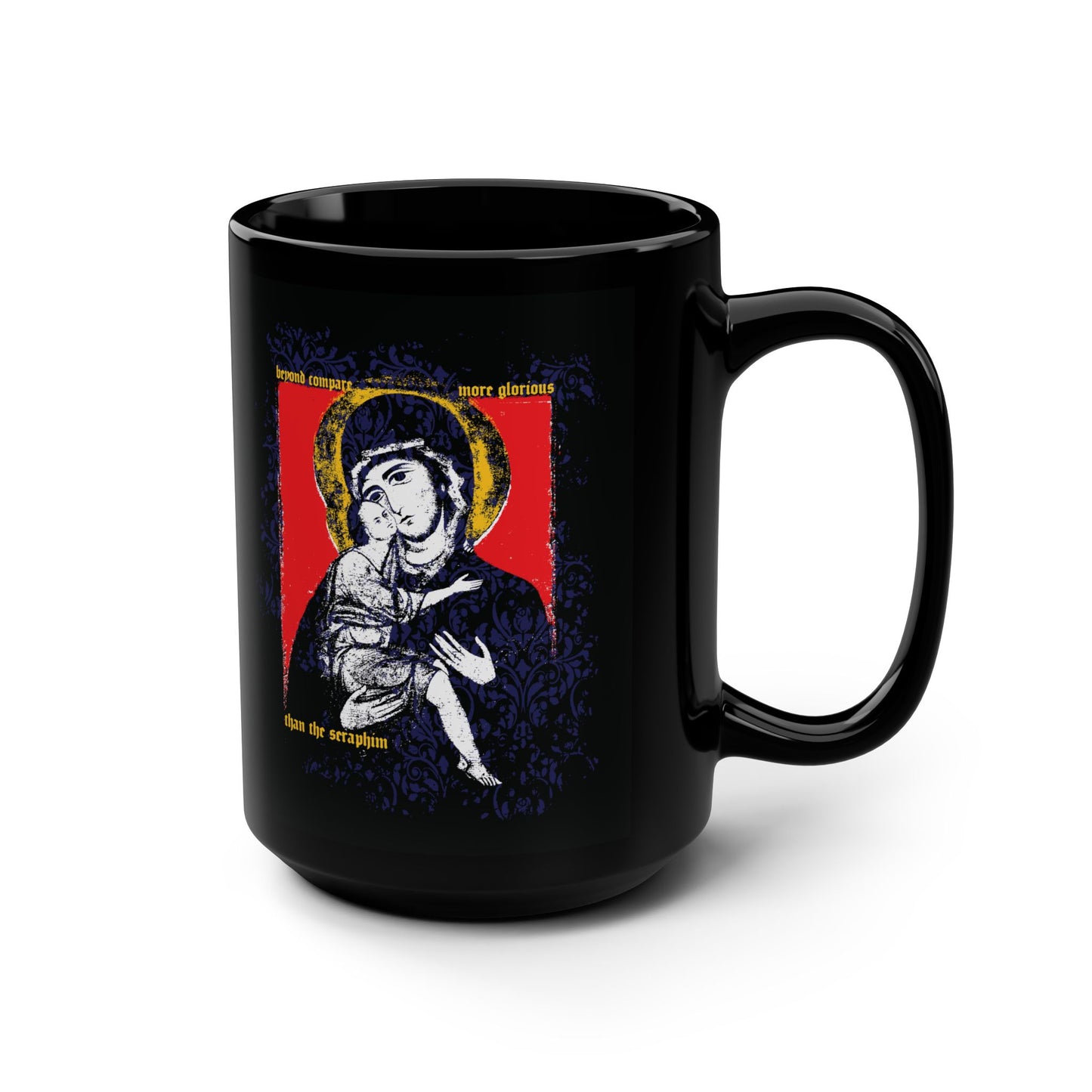 Beyond Compare More Glorious Than the Seraphim | Vladimir Theotokos Iconographic | Orthodox Christian Black Mug