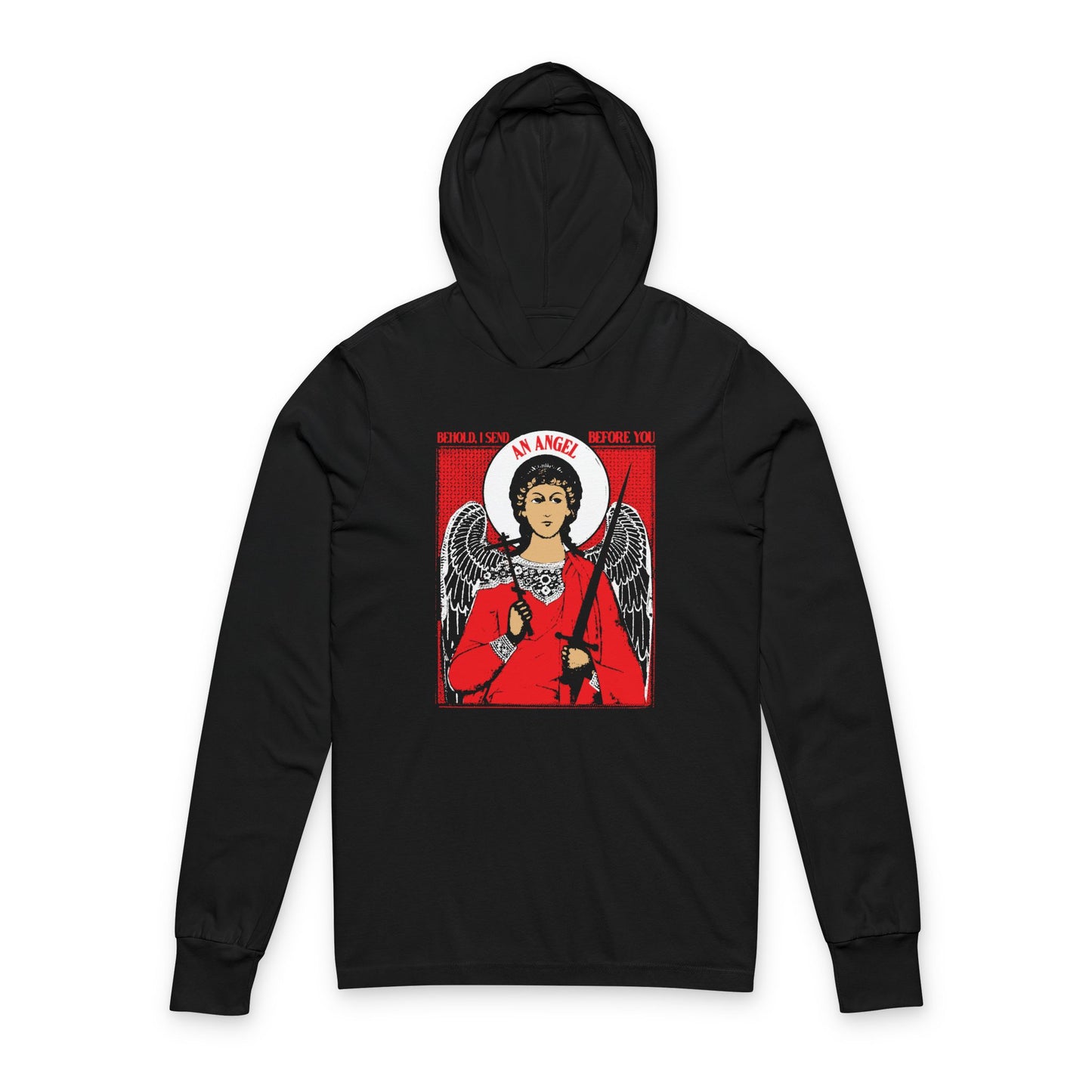 Behold I Send an Angel Before You (Ex 23:20) | Guardian Angel With Cross & Sword IconoGraphic | Orthodox Long Sleeve Hooded Shirt