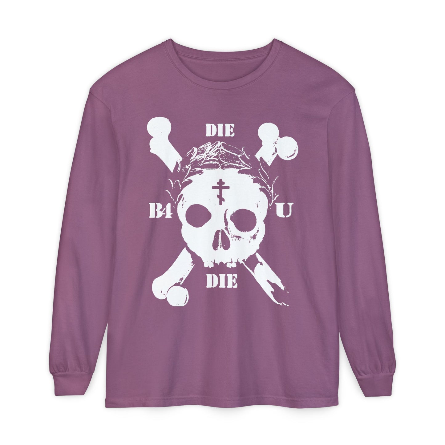 Berry long sleeve featuring retro skull & crossbones, Orthodox cross, and laurel victory wreath with the words "Die Before You Die"—a Memento Mori ascetic Christian design inspired by Matthew 16:24-25.
