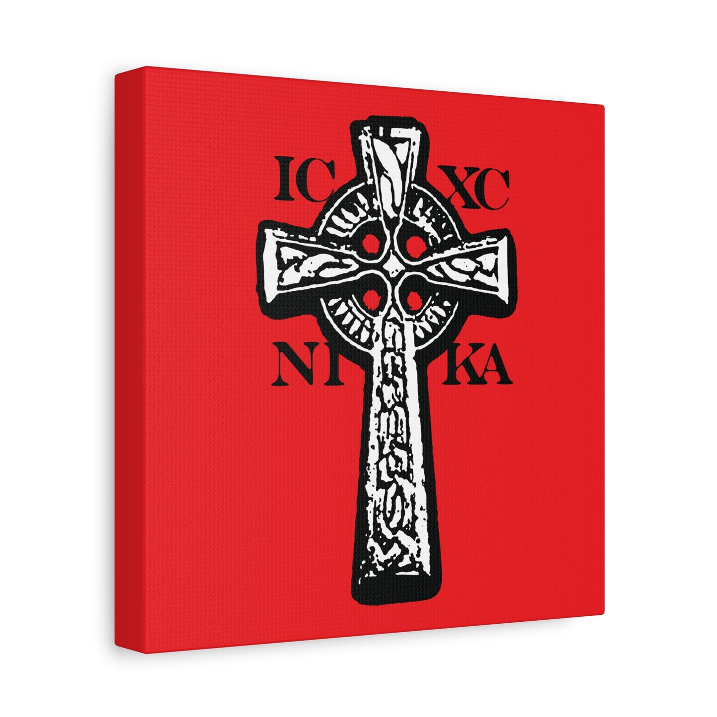 The ICXC NIKA Celtic Knotwork Cross features black and white design on a red background with Greek letters, symbolizing "Jesus Christ Conquers." This traditional Orthodox Christian wall art emphasizes the Cross’s message of salvation.