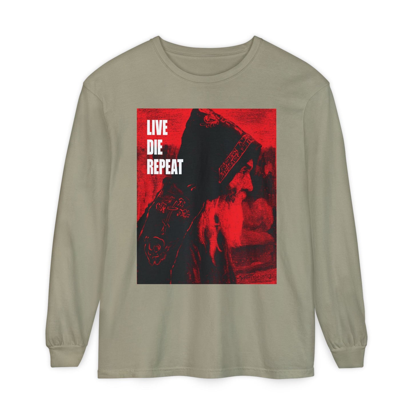 Sandstone long-sleeve cotton shirt featuring “Live Die Repeat,” inspired by Mikhail Nesterov’s “Monk” and ascetic Christianity, with the phrase: Die Every Day, and You Will Live Forever.
