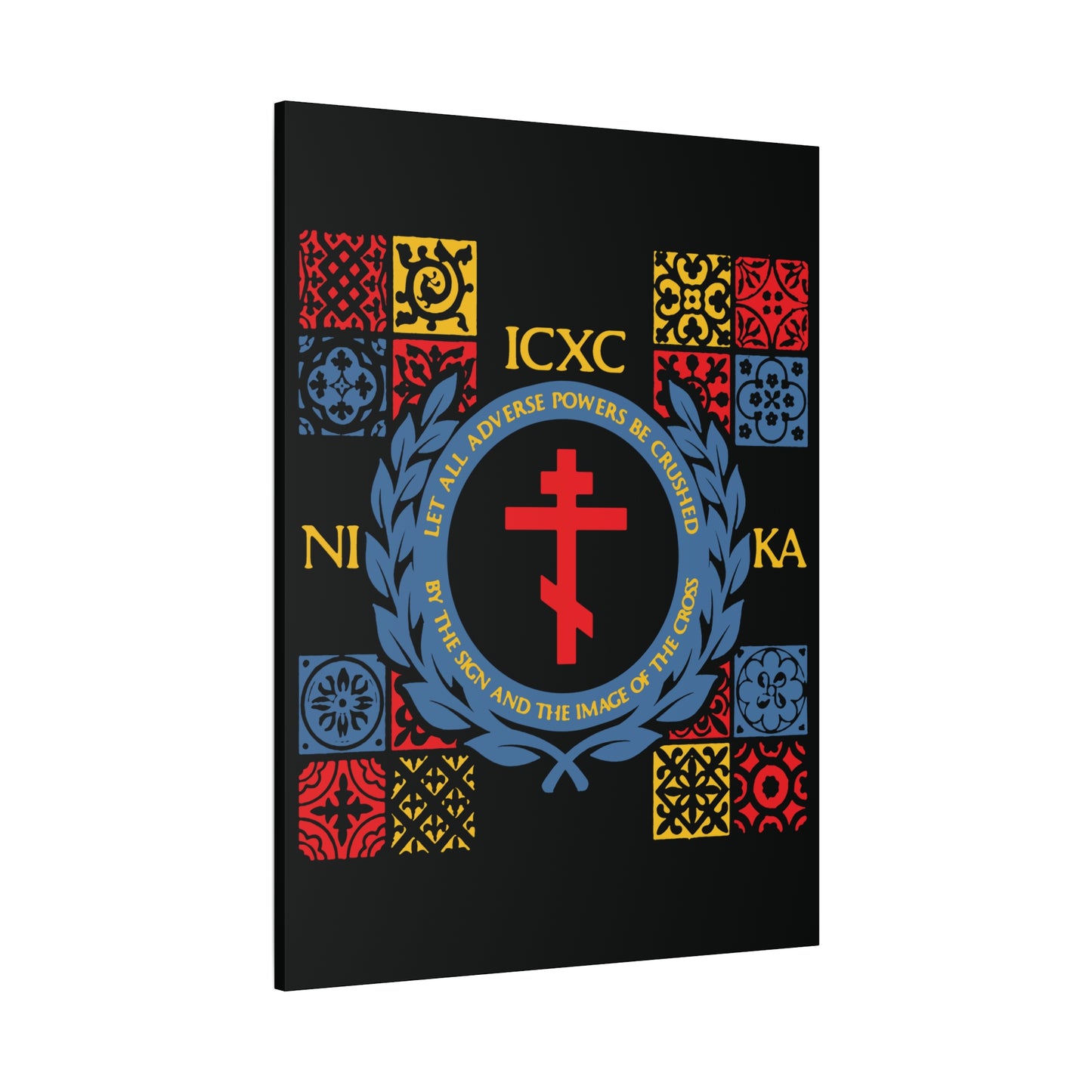 Let All Adverse Powers Be Crushed (Red, Yellow & Blue Design) | ICXC NIKA | Medieval Tile Design | Orthodox Christian Canvas Art